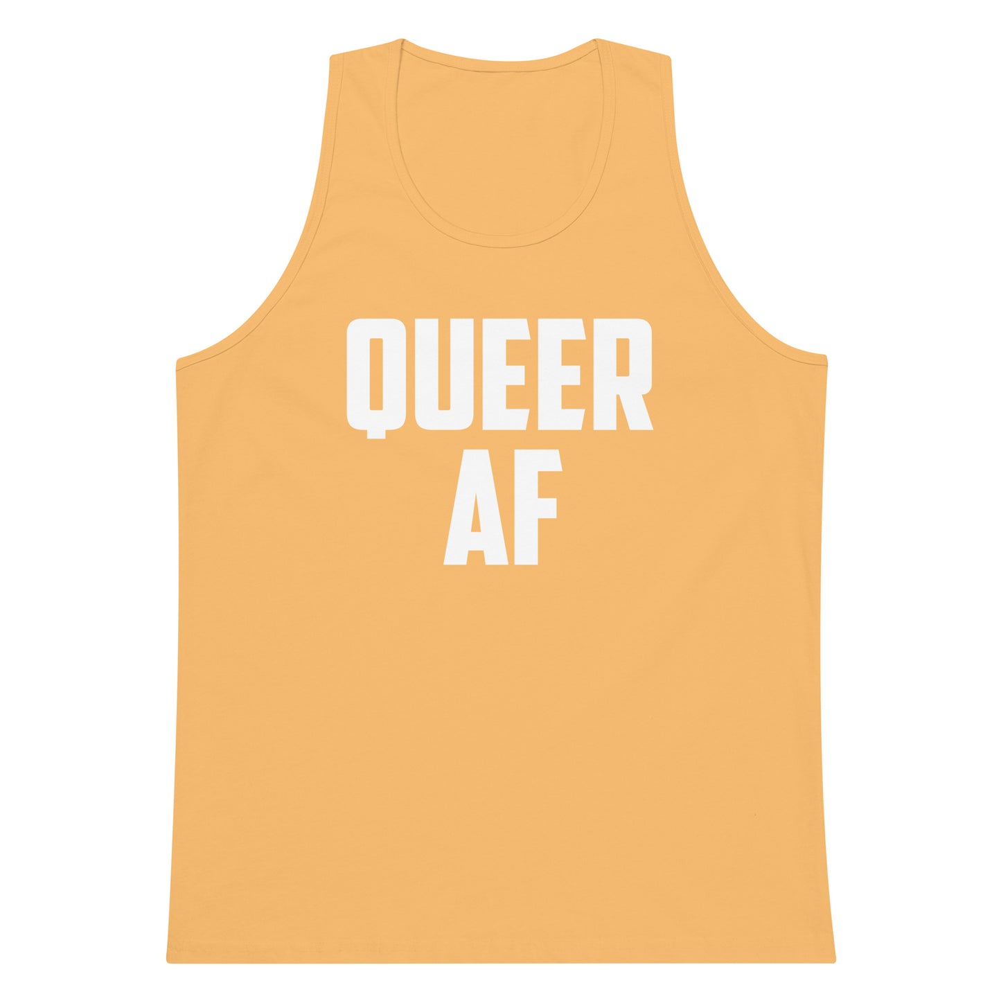 A sleeveless tank top in a warm peach-orange color with the words 'QUEER AF' printed in bold white capital letters across the chest, shown on a plain white background.