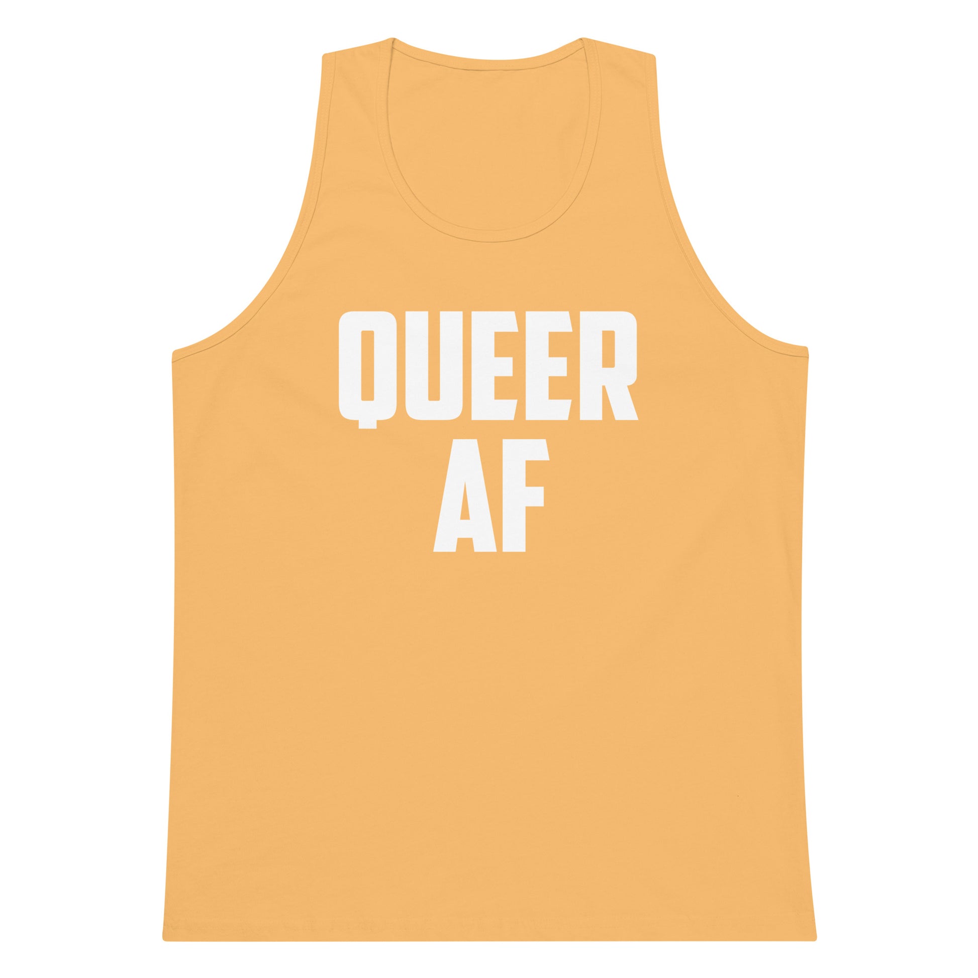 A sleeveless tank top in a warm peach-orange color with the words 'QUEER AF' printed in bold white capital letters across the chest, shown on a plain white background.