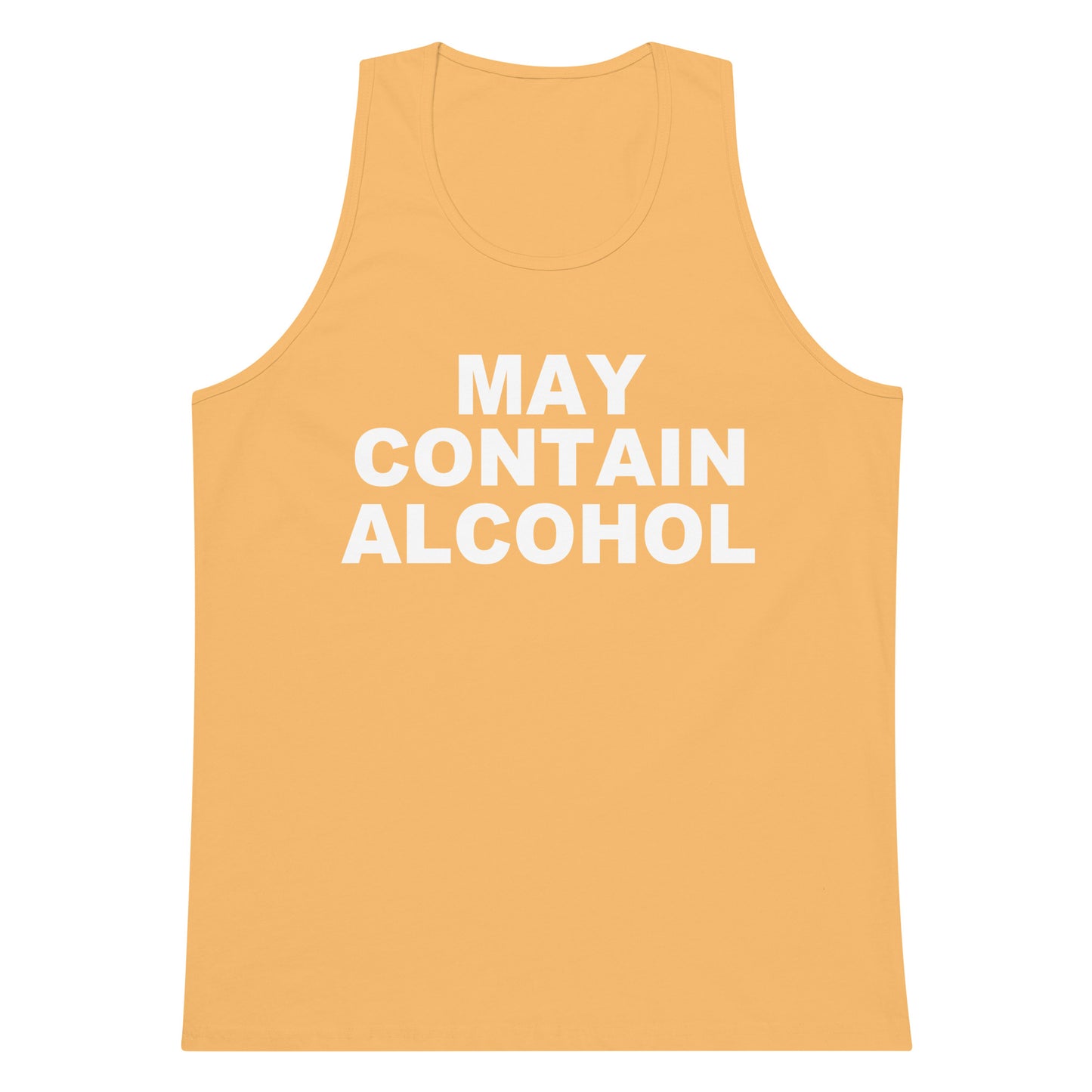 A yellow-orange tank top with the text 'MAY CONTAIN ALCOHOL' printed in bold white capital letters on the front, displayed against a solid white background.