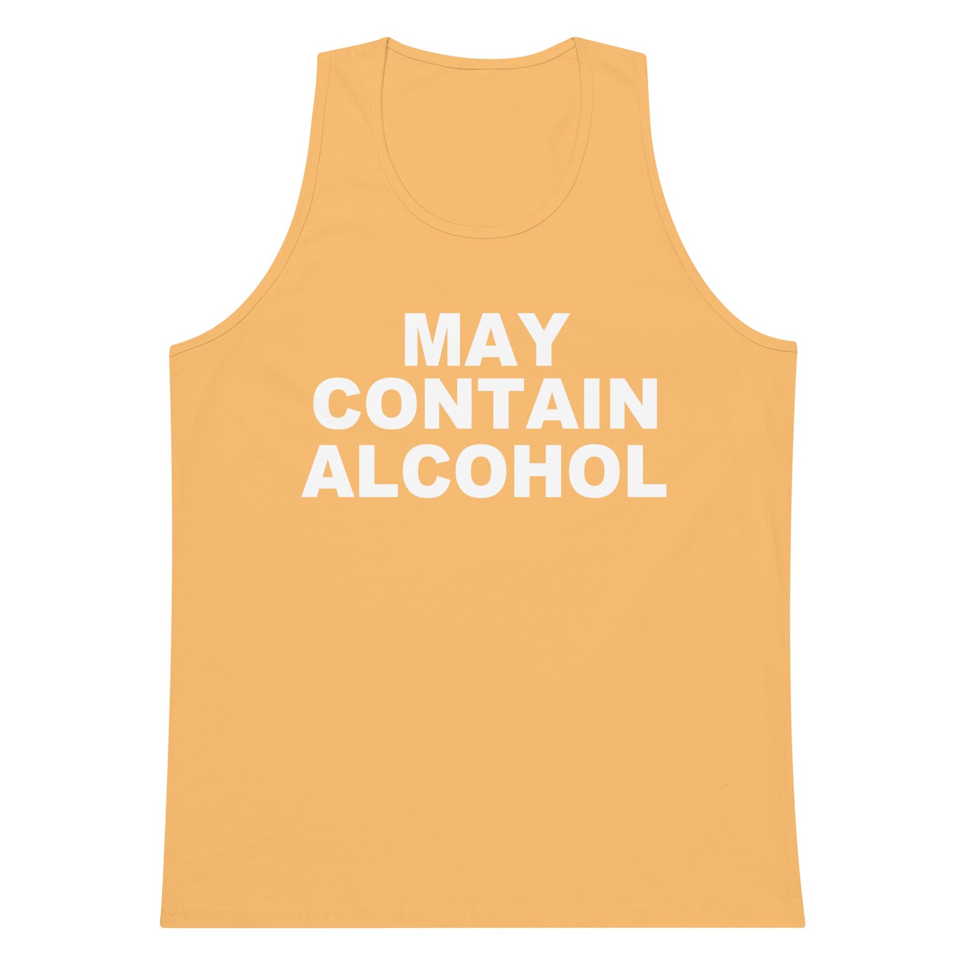 A yellow-orange tank top with the text 'MAY CONTAIN ALCOHOL' printed in bold white capital letters on the front, displayed against a solid white background.