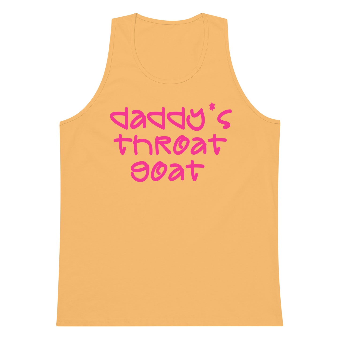 A yellow-orange tank top with the phrase 'daddy* throat goat' printed in pink across the chest, shown on a plain white background.