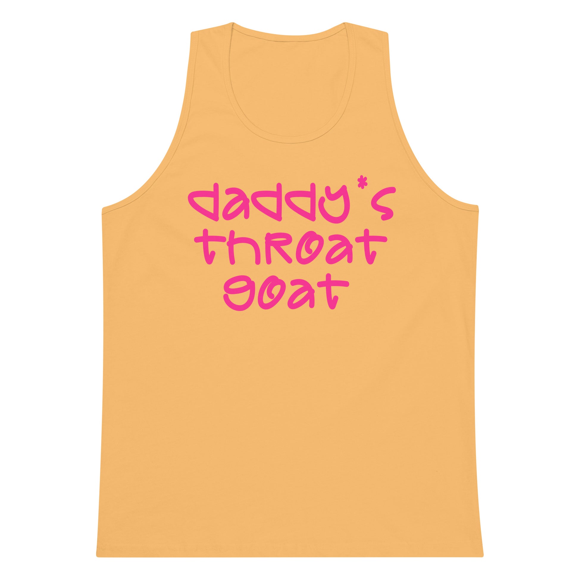 A yellow-orange tank top with the phrase 'daddy* throat goat' printed in pink across the chest, shown on a plain white background.