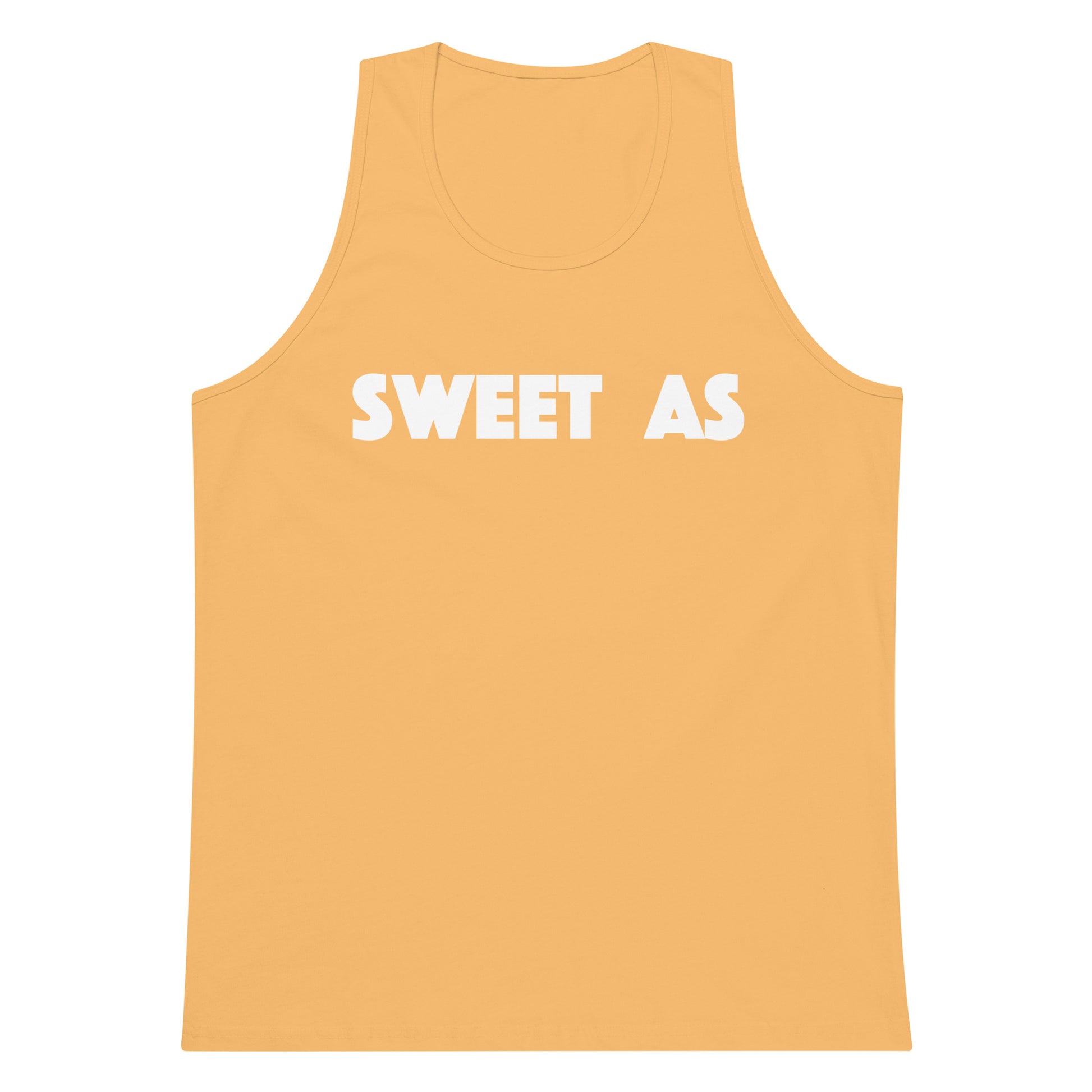 A sleeveless tank top in a warm peach-orange color with the words 'SWEET AS' printed in bold white capital letters across the chest, shown on a plain white background.