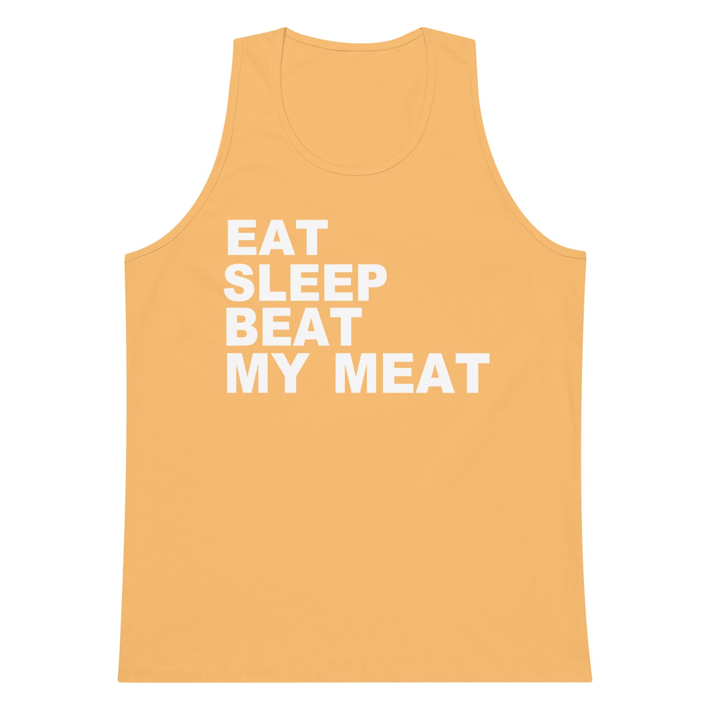 A sleeveless tank top in a warm golden-yellow color with the slogan 'EAT SLEEP BEAT MY MEAT' printed in bold white capital letters on the front, shown against a plain white background.
