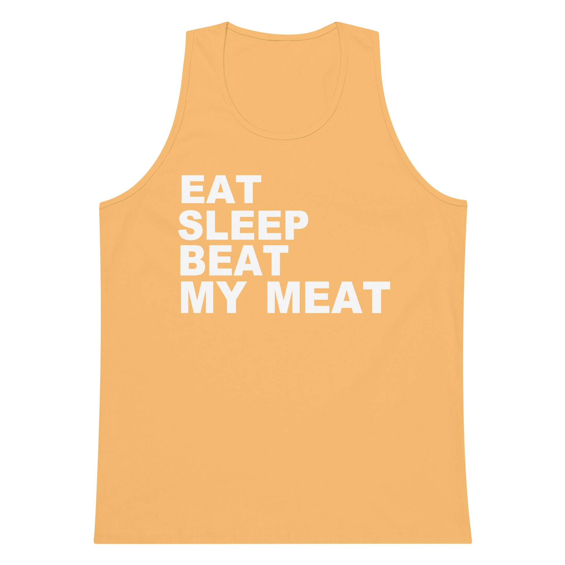 A sleeveless tank top in a warm golden-yellow color with the slogan 'EAT SLEEP BEAT MY MEAT' printed in bold white capital letters on the front, shown against a plain white background.