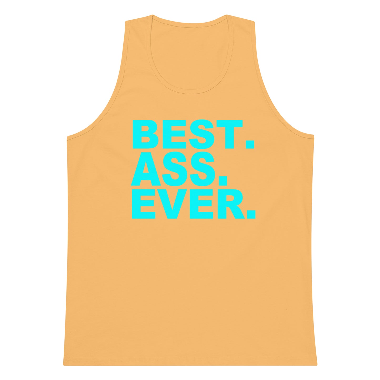 A sleeveless tank top in a warm peach-orange color with the text 'BEST. ASS.