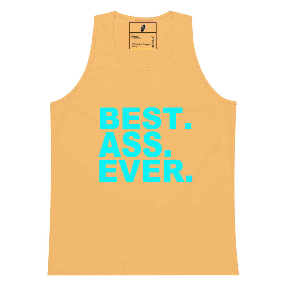 A sleeveless tank top in a warm peach-orange color, featuring the text 'BEST. ASS.