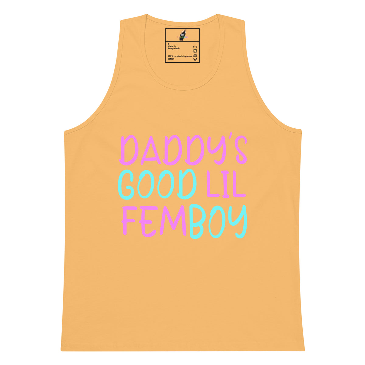 A peach-colored tank top featuring the text 'DADDY'S GOOD LIL FEMBOY' printed on the front in a pastel pink and light blue bubbly font, displayed against a solid white background.