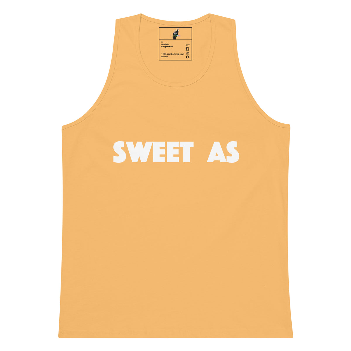 A sleeveless tank top in a warm peach-orange color with the words 'SWEET AS' printed in bold white capital letters across the chest, shown on a plain white background.