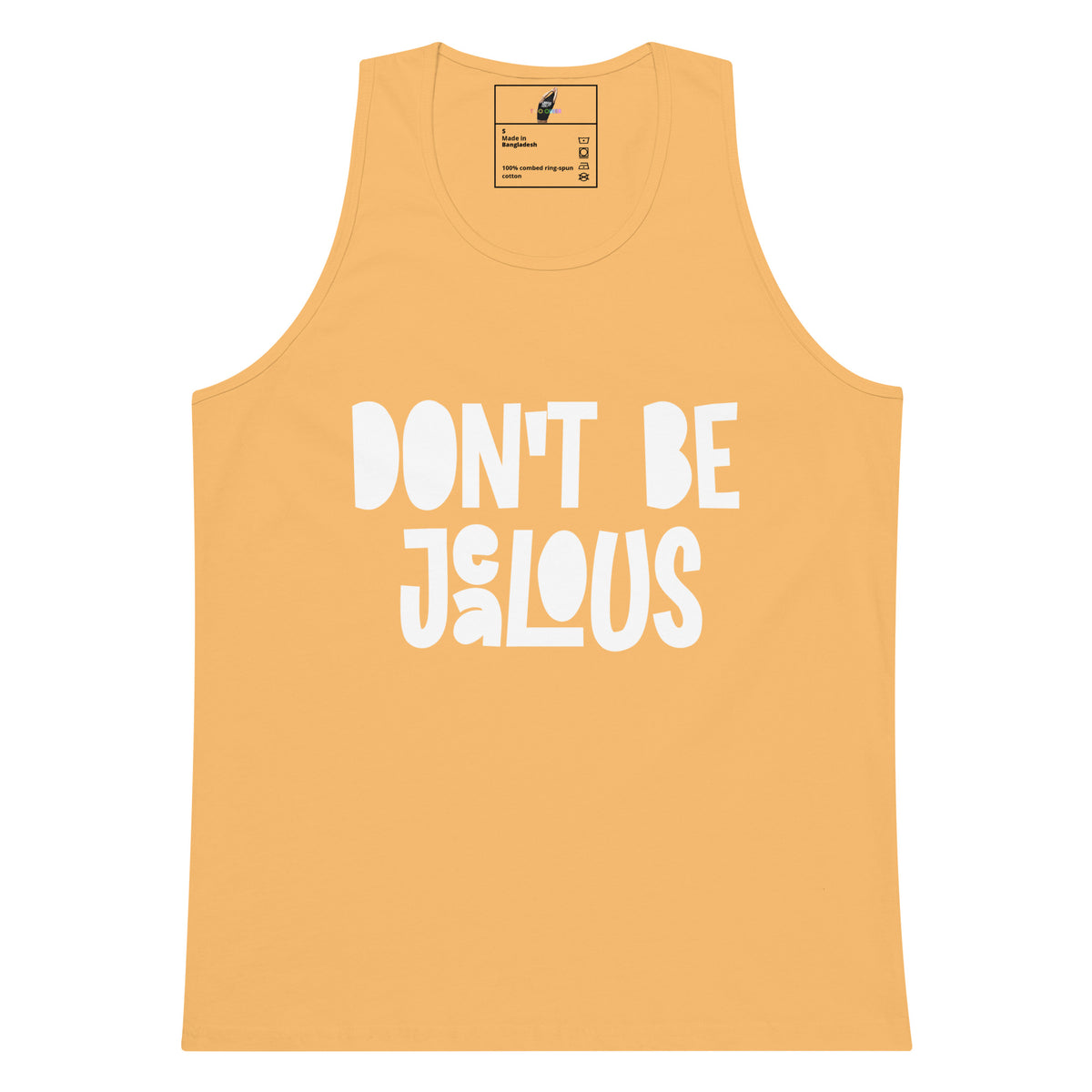 A sleeveless tank top in a warm peach-orange color with the phrase 'DON'T BE JALOUS' printed across the chest in large white letters, shown on a plain white background.
