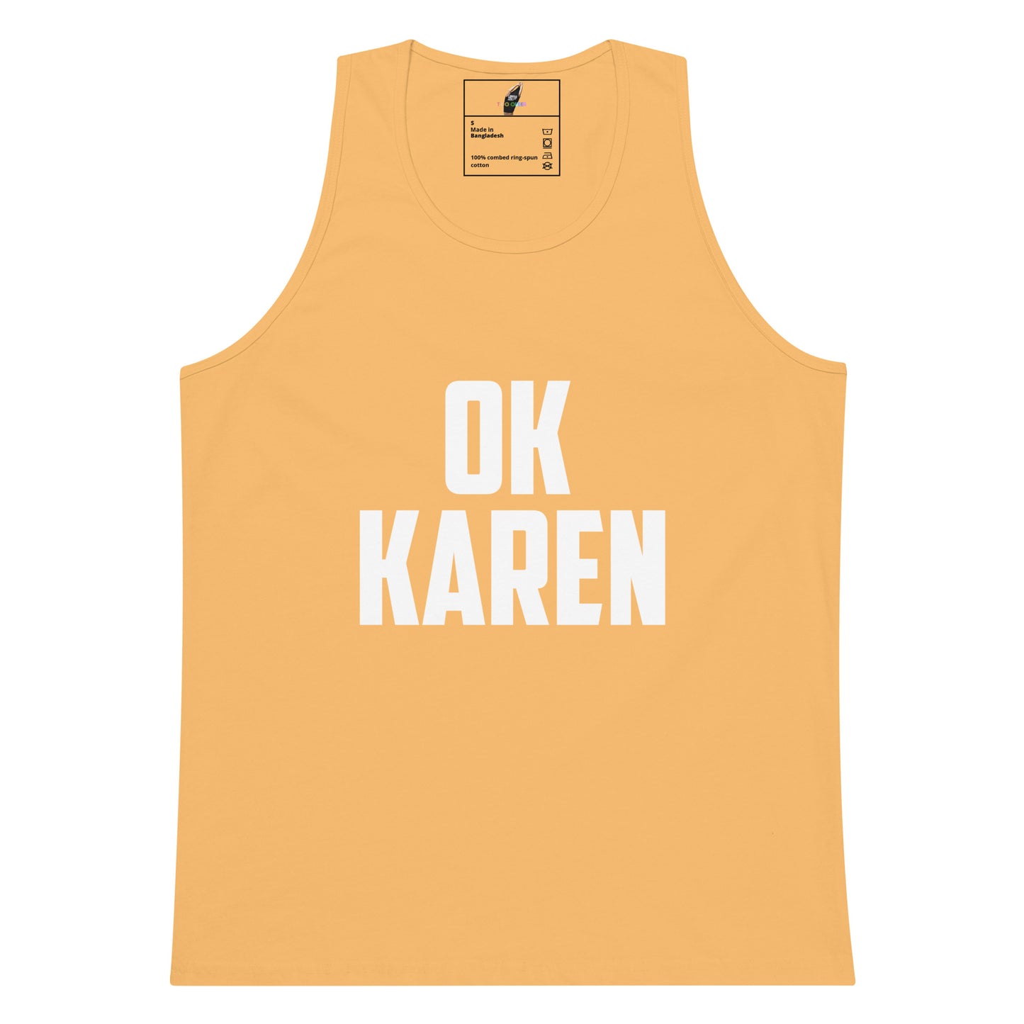 A sleeveless tank top in a warm peach-orange color with the words 'OK KAREN' printed across the front in bold white capital letters, shown on a plain white background.