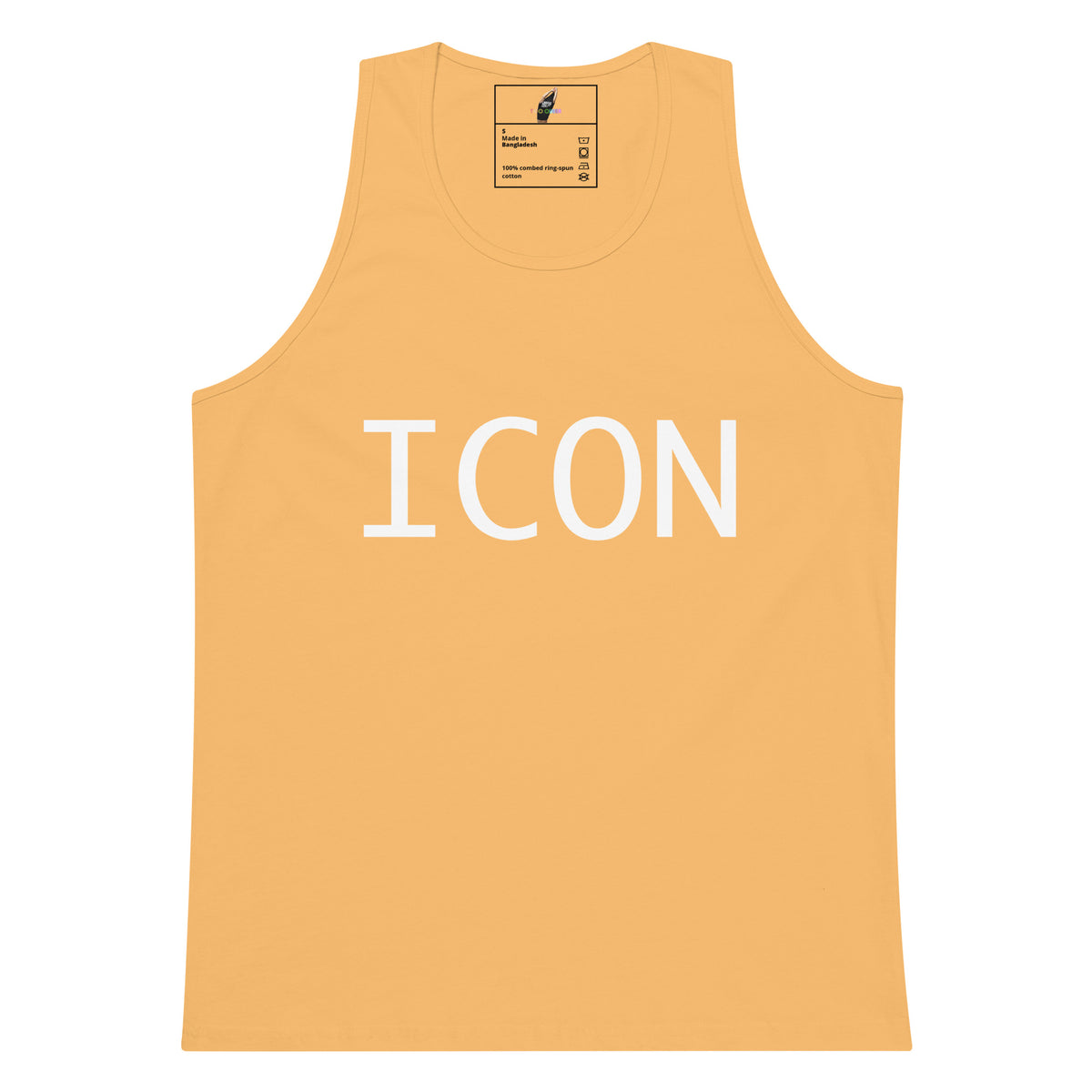 A sleeveless tank top in a warm peach-orange color with the word 'ICON' printed across the chest in large white capital letters, shown on a plain white background.
