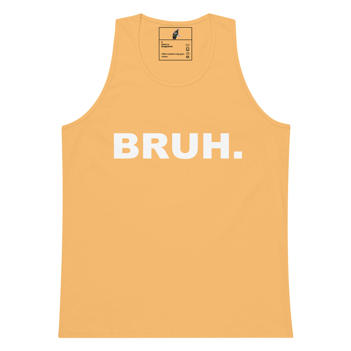 A light peach-colored tank top with the word 'BRUH.' printed in bold white capital letters across the chest, displayed flat against a solid white background.