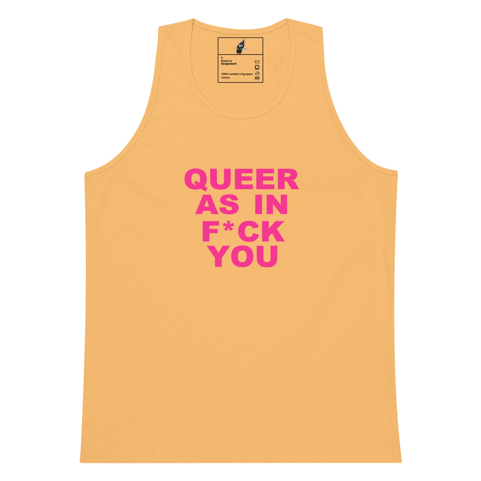 A sleeveless tank top in a warm peach-orange color with bold pink text on the front reading 'QUEER AS IN F*CK YOU'. The tank top is displayed flat against a solid white background, with a small brand label visible inside the collar.