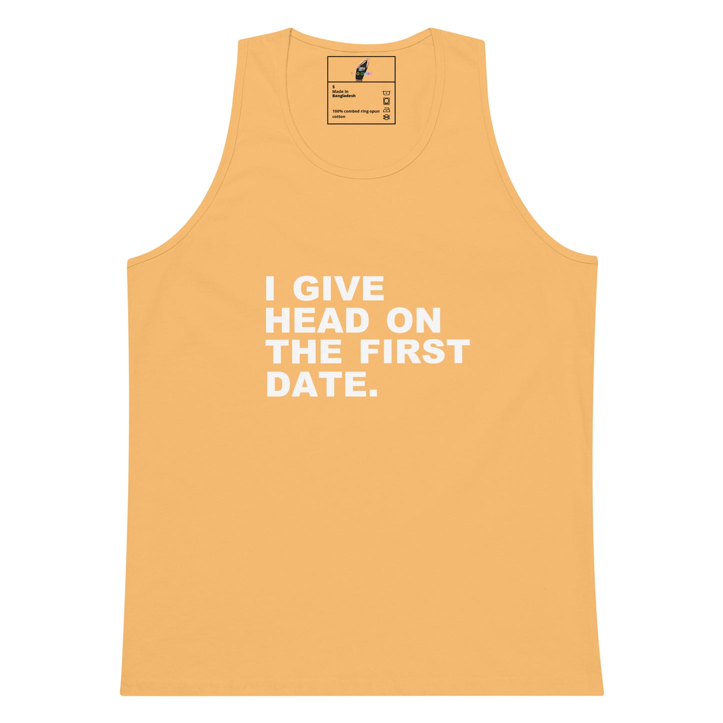 A light peach-colored tank top with the phrase 'I GIVE HEAD ON THE FIRST DATE.' printed in bold white capital letters on the front, displayed against a solid white background.