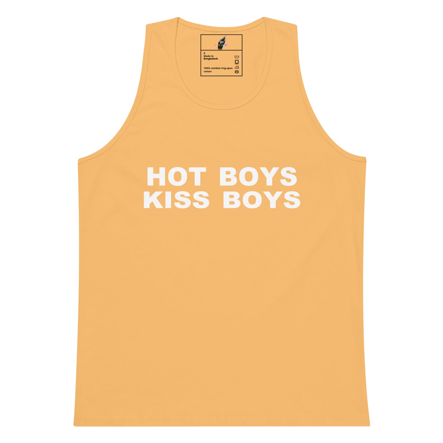 A sleeveless tank top in a warm peach-orange color with the phrase 'HOT BOYS KISS BOYS' printed across the chest in bold white capital letters. The inner neck label shows the Playboy bunny logo and brand text.