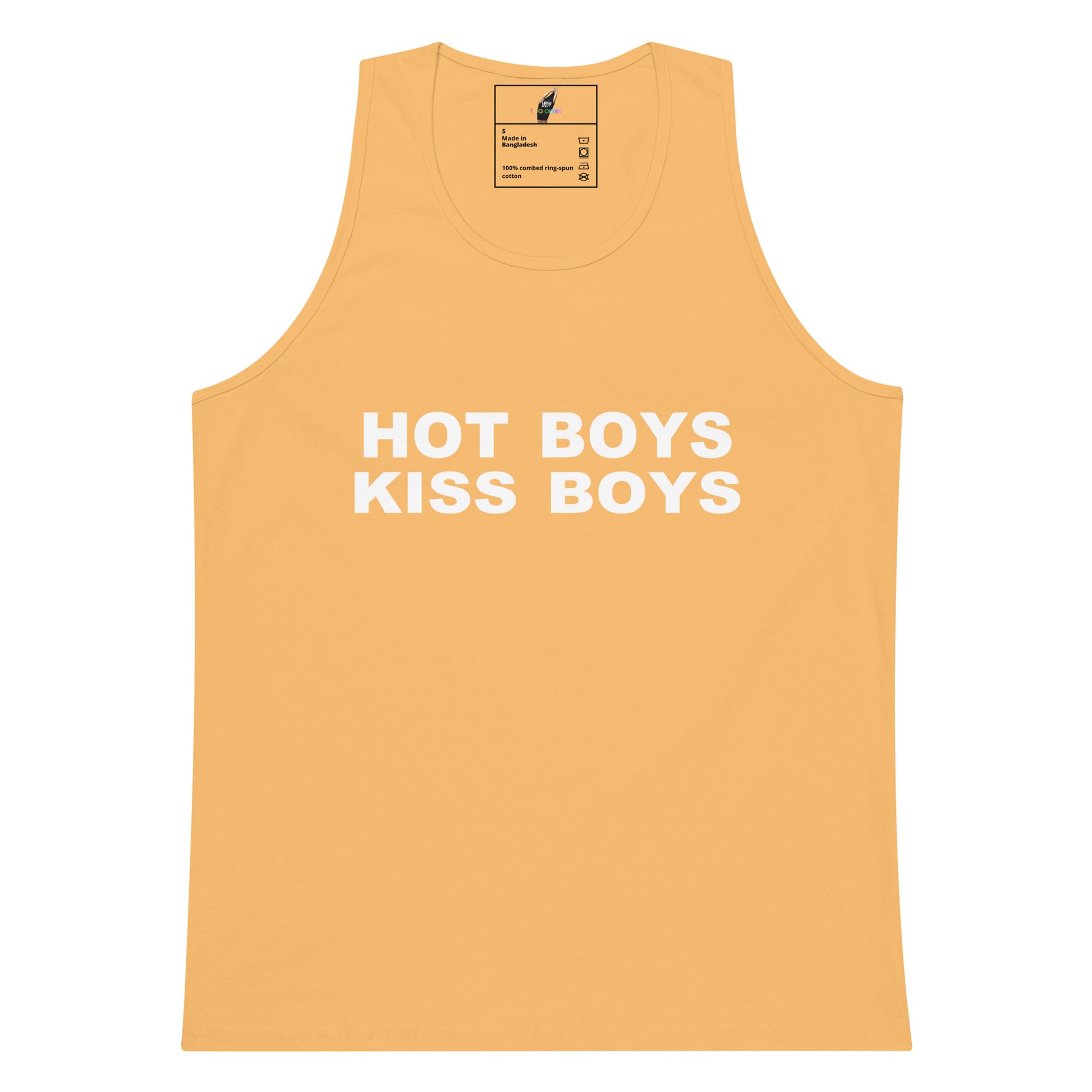 A sleeveless tank top in a warm peach-orange color with the phrase 'HOT BOYS KISS BOYS' printed across the chest in bold white capital letters. The inner neck label shows the Playboy bunny logo and brand text.
