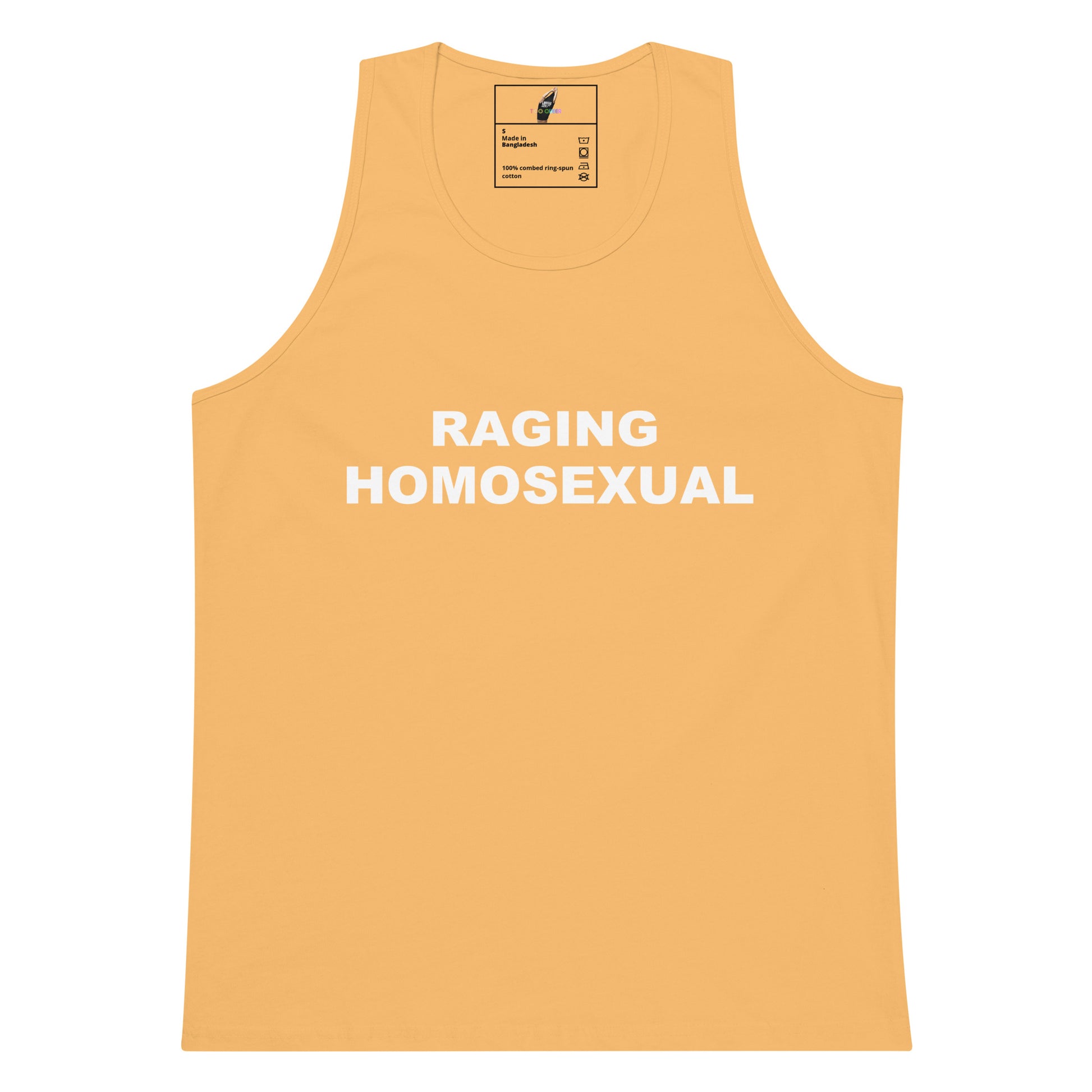 A sleeveless tank top in a warm peach-orange color with the text 'RAGING HOMOSEXUAL' printed in white across the chest, shown on a plain white background.
