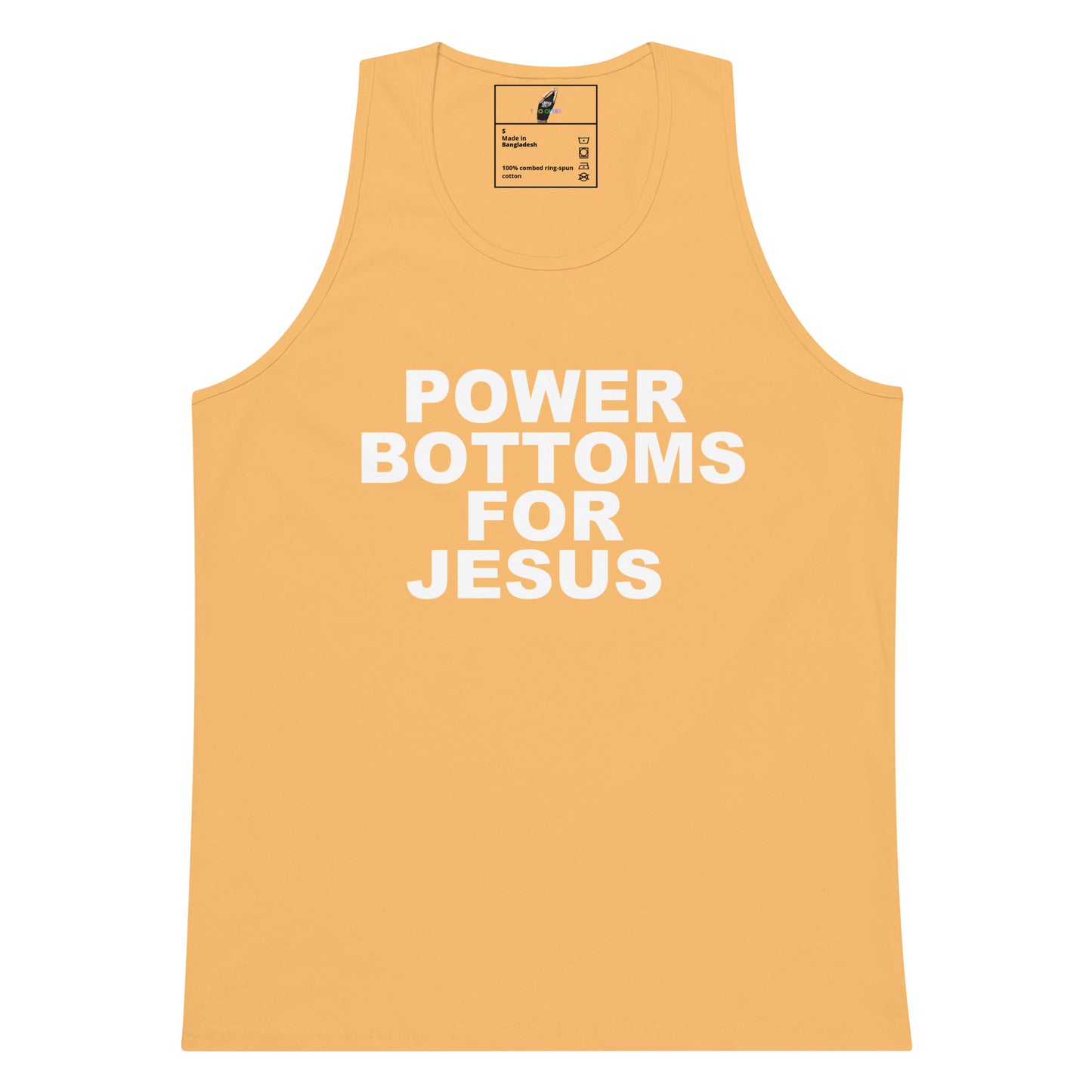 A sleeveless tank top in a warm peach-orange color with the text 'POWER BOTTOMS FOR JESUS' printed in bold white capital letters across the chest. The inner neck label shows the brand 'The Handmade Apparel Co.