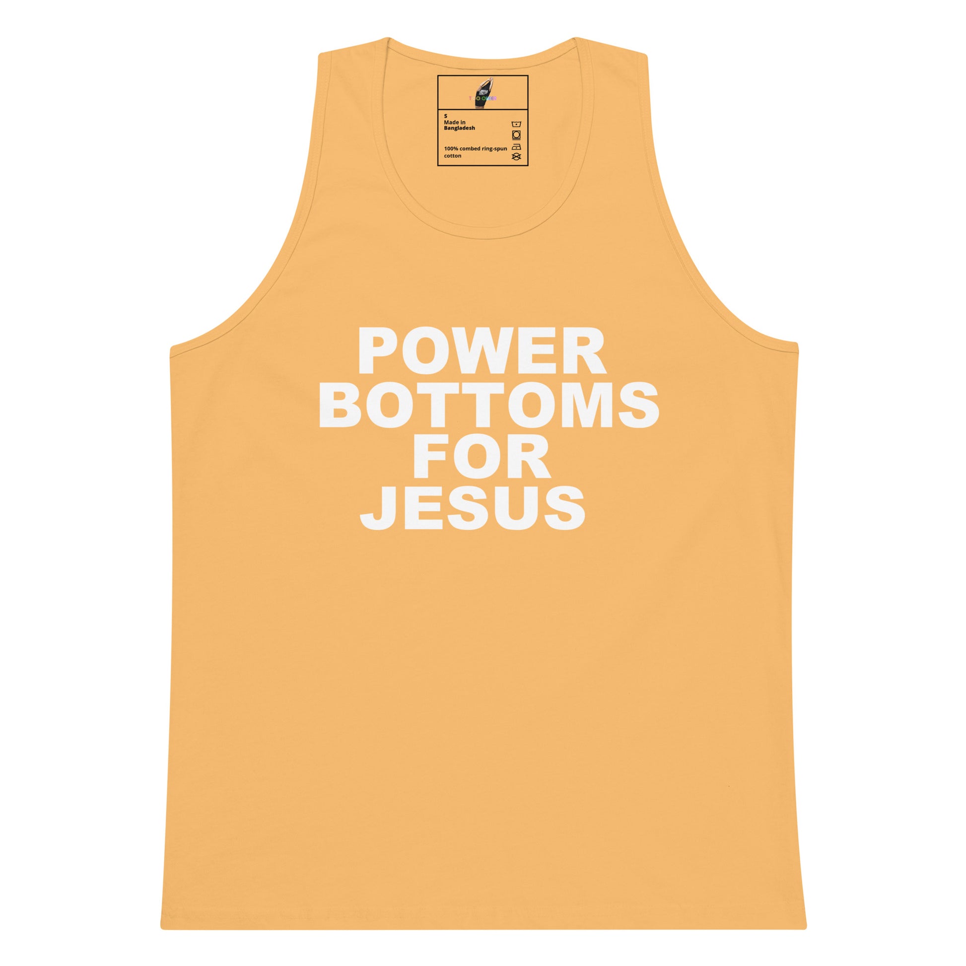 A sleeveless tank top in a warm peach-orange color with the text 'POWER BOTTOMS FOR JESUS' printed in bold white capital letters across the chest. The inner neck label shows the brand 'The Handmade Apparel Co.