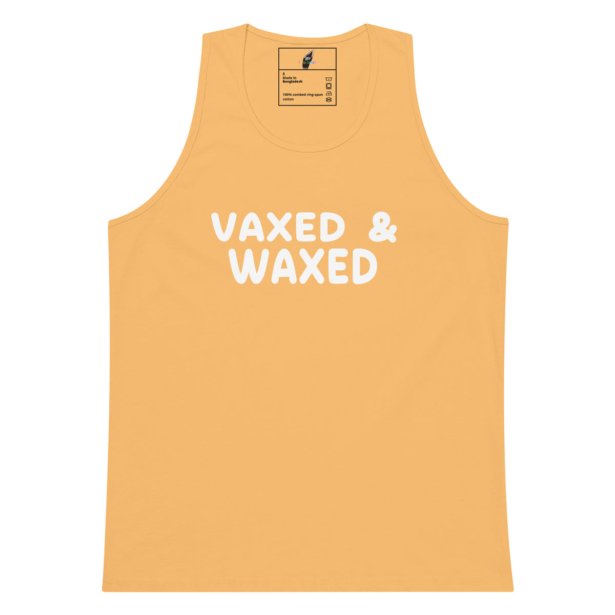 A sleeveless tank top in a warm peach-orange color with the words 'VAXED & WAXED' printed in bold white letters across the chest, shown on a plain white background.
