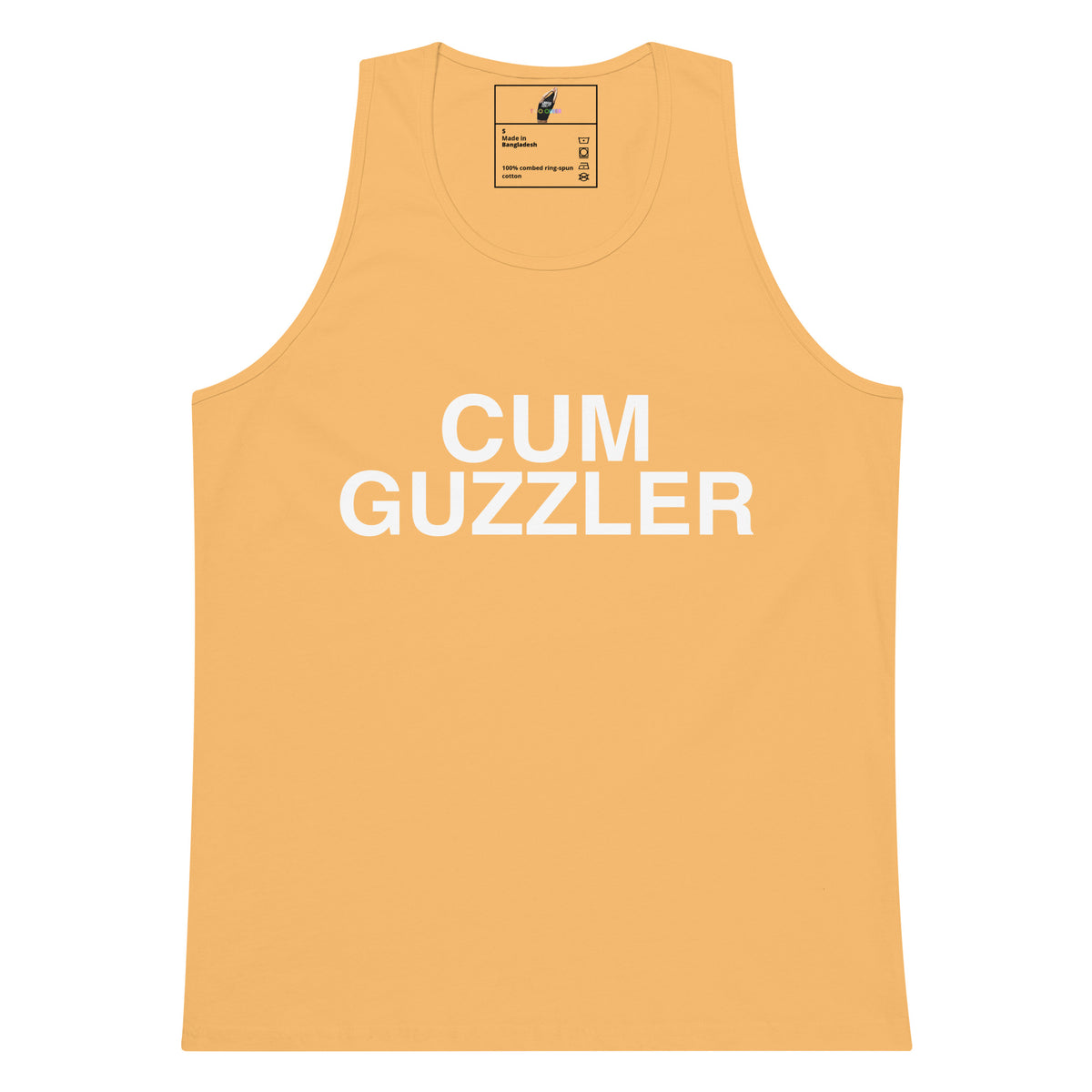 A sleeveless tank top in a warm peach-orange color with the words 'CUM GUZZLER' printed in bold white capital letters across the chest, shown on a plain white background.