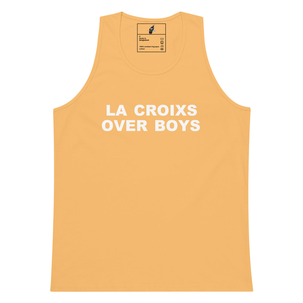 A sleeveless tank top in a warm peach-orange color with the phrase 'LA CROIXS OVER BOYS' printed in bold white capital letters across the chest. The tank top is displayed flat against a solid white background.