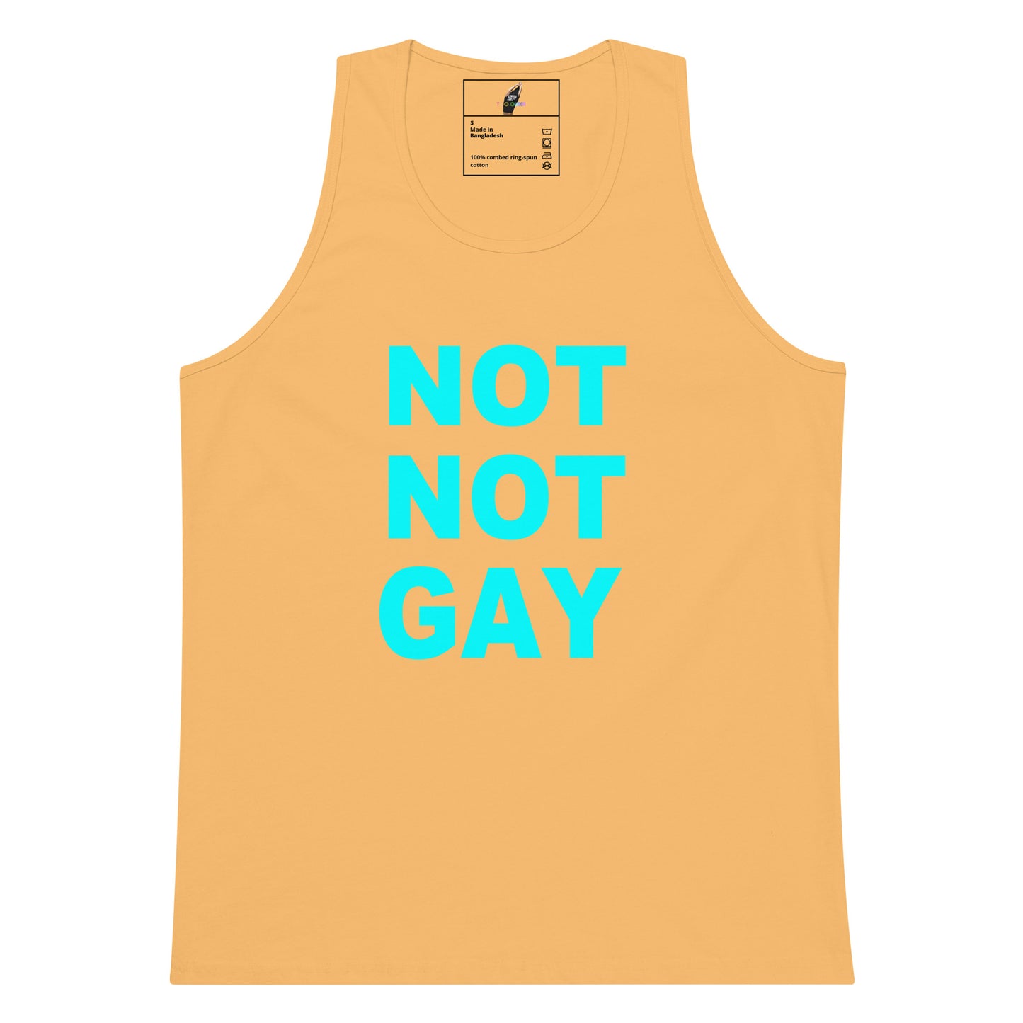 A peach-colored tank top with the text 'NOT NOT GAY' printed in bright cyan on the front, displayed against a solid white background.