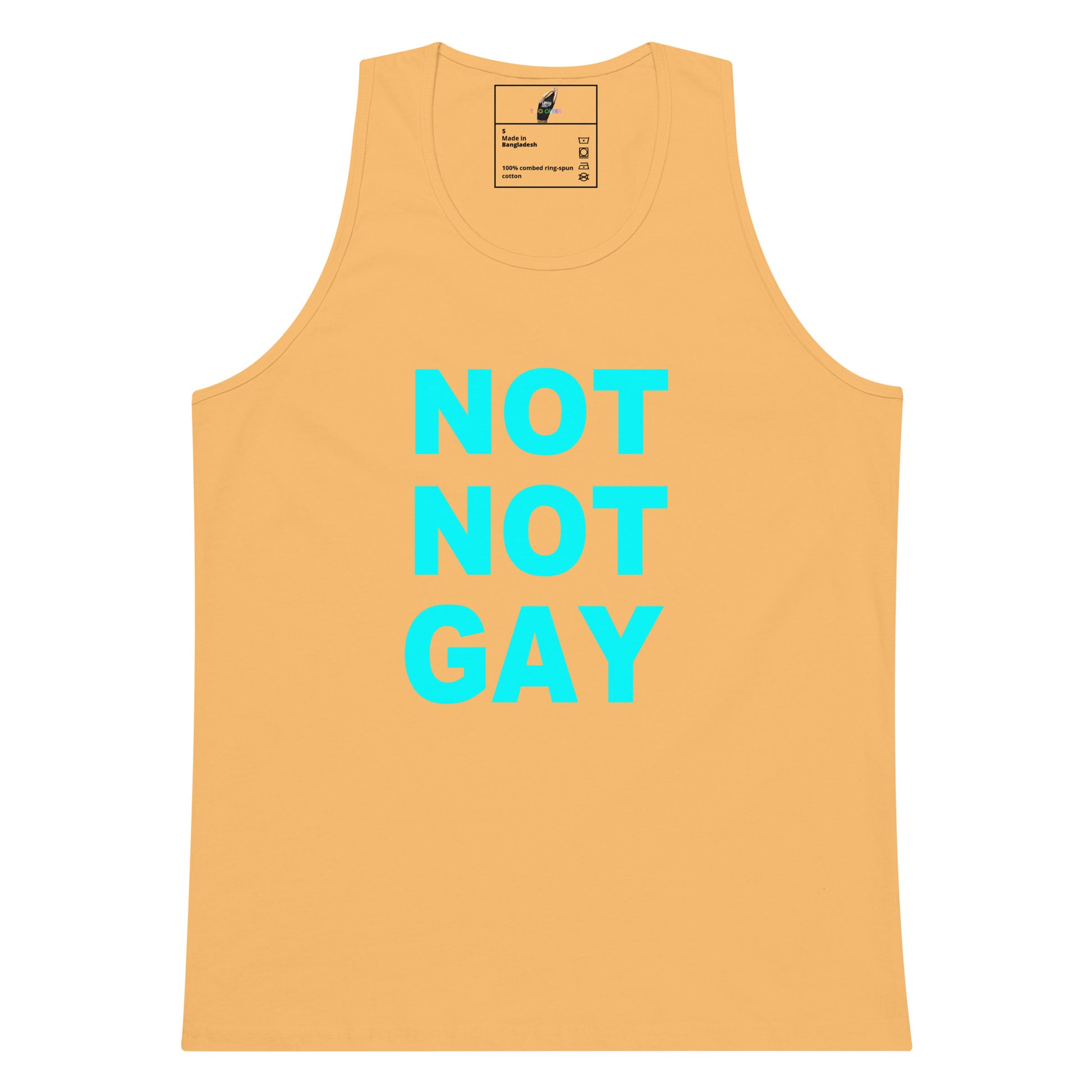 A peach-colored tank top with the text 'NOT NOT GAY' printed in bright cyan on the front, displayed against a solid white background.