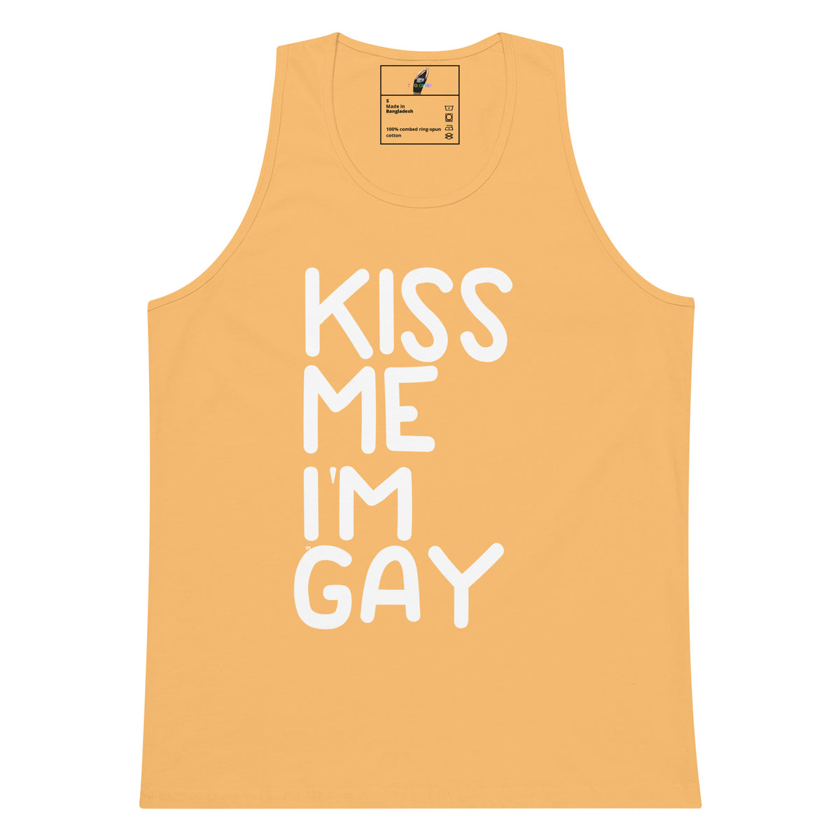 A light peach-colored tank top with the text 'KISS ME I'M GAY' printed vertically in bold white letters, displayed flat against a white background.