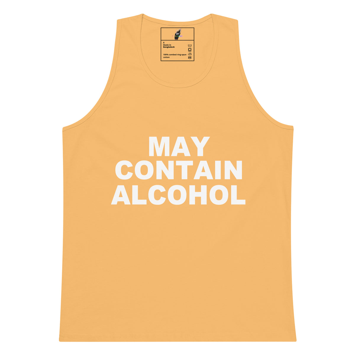 A light orange-yellow tank top with the text 'MAY CONTAIN ALCOHOL' printed in bold white capital letters on the front, displayed against a solid white background.