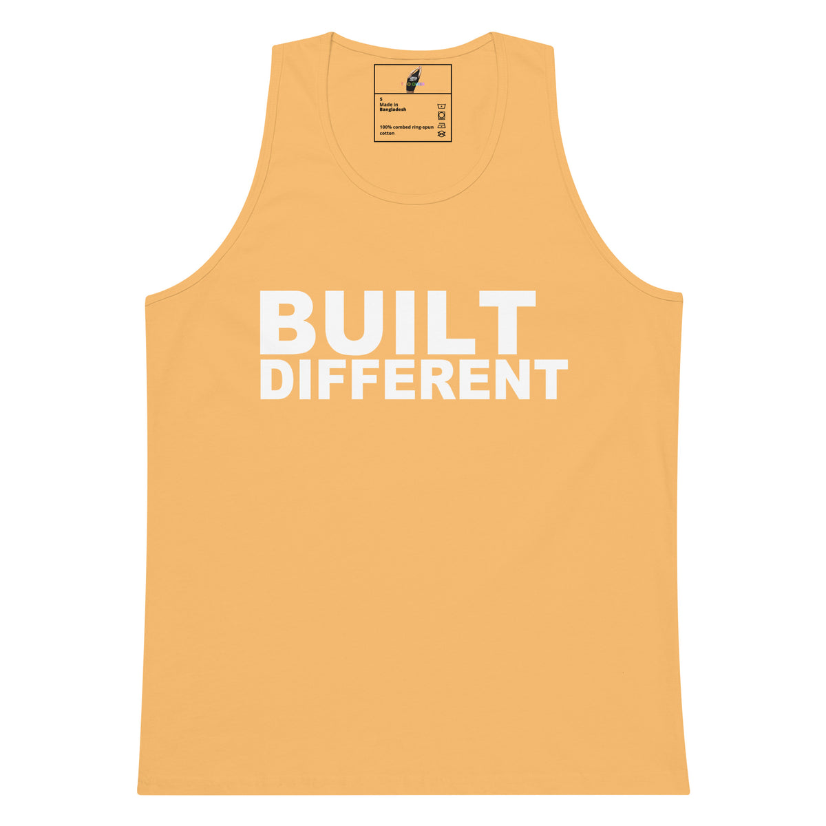 A yellow-orange tank top with the words 'BUILT DIFFERENT' printed in bold white capital letters across the chest, shown flat against a plain white background.