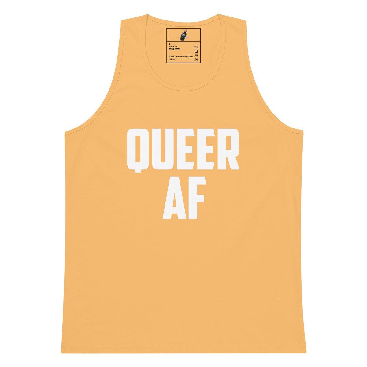 A yellow-orange tank top with the words 'QUEER AF' printed in bold white capital letters across the front, shown on a plain white background.