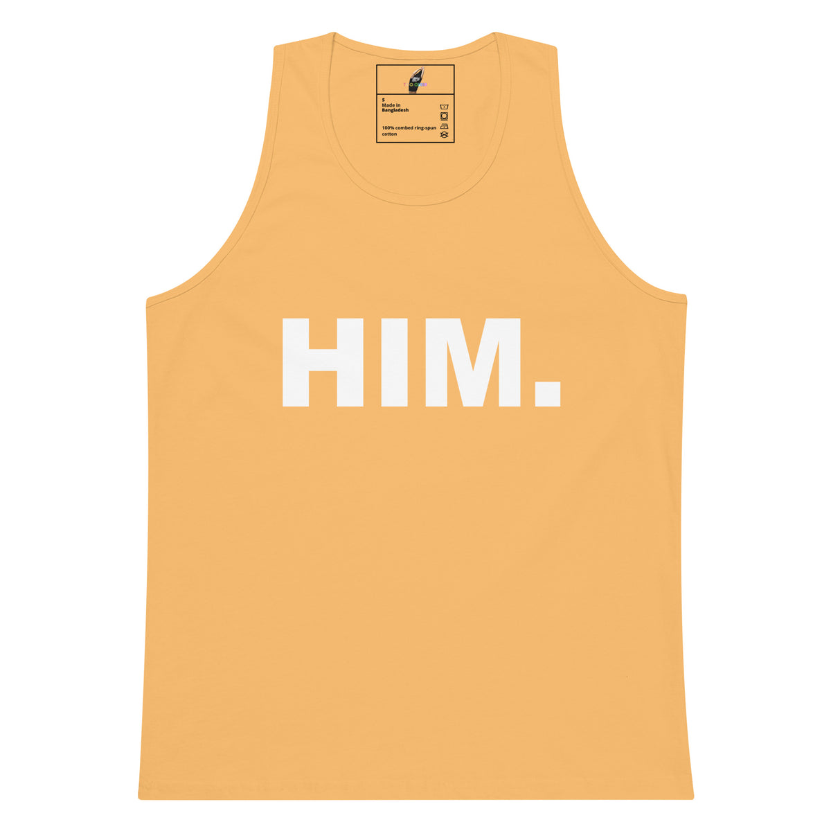A light peach-colored tank top with the word 'HIM.' printed in bold white capital letters across the chest, displayed flat against a solid white background.
