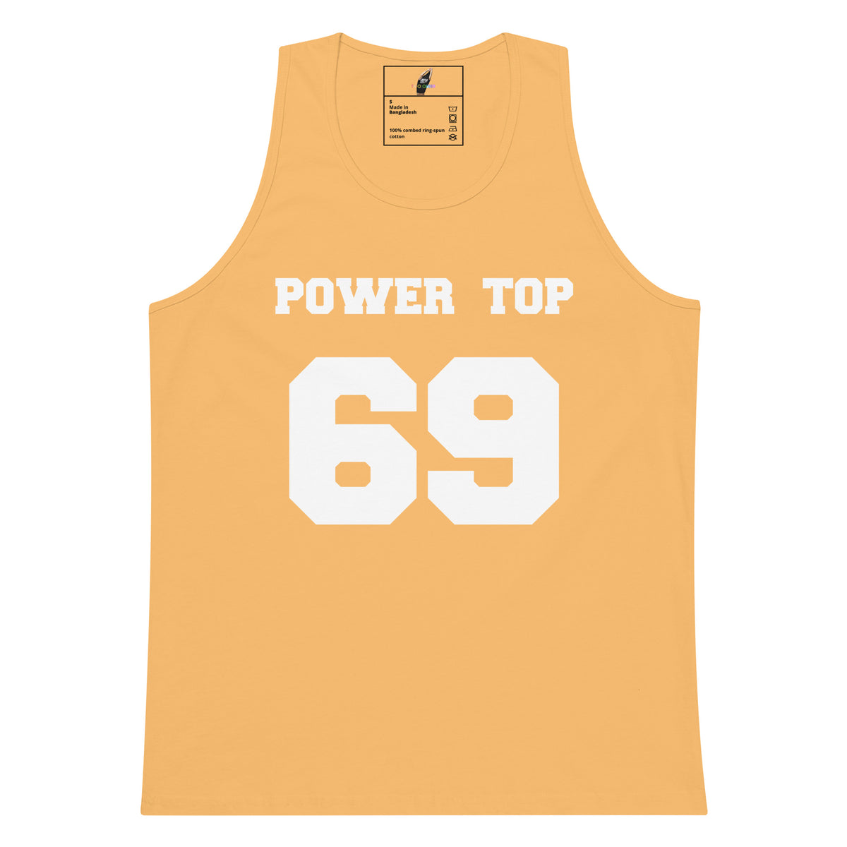 A light peach-colored tank top with 'POWER TOP' and the number '69' printed in white on the front, displayed flat against a white background.