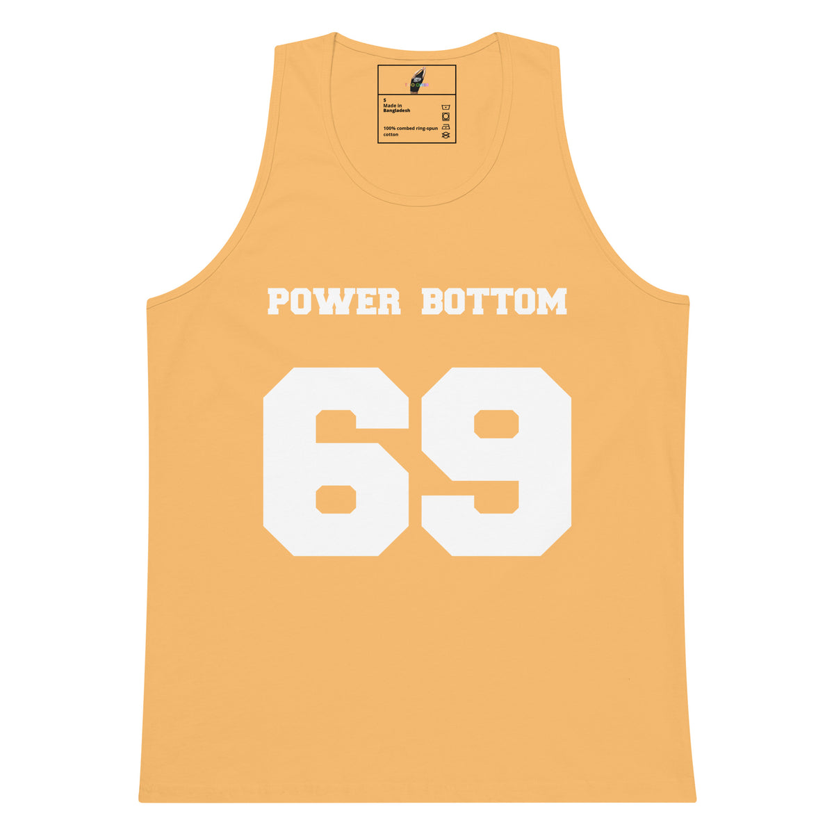 A light peach-colored tank top with 'POWER BOTTOM' and the number '69' printed in white on the front, displayed flat against a white background.