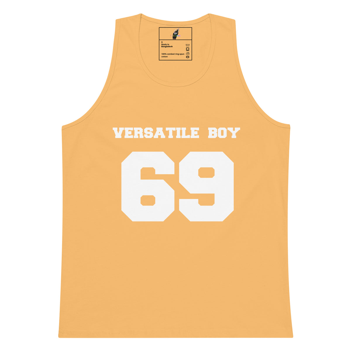 A light peach-colored tank top with 'VERSATILE BOY' and the number '69' printed in white on the front, displayed flat against a white background.