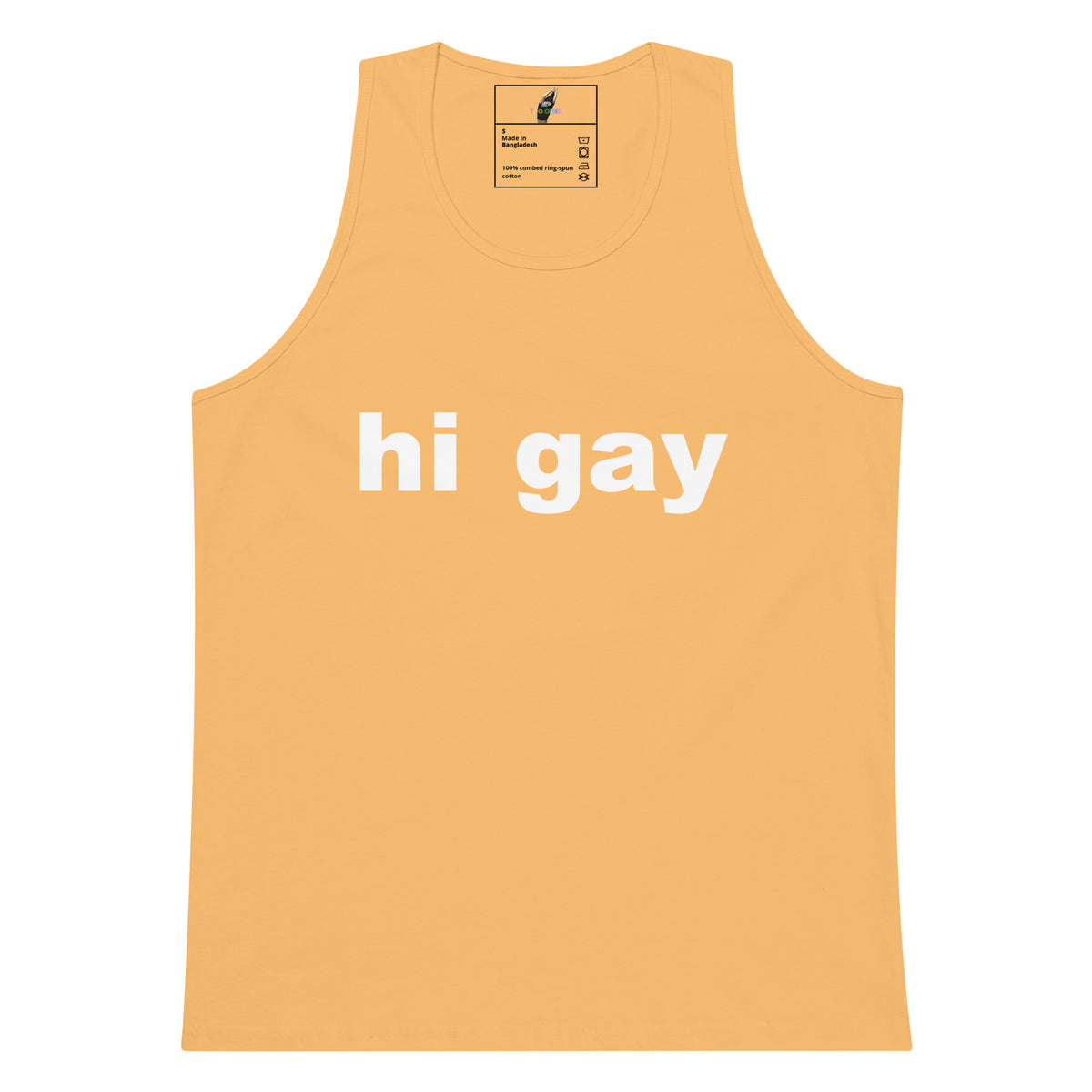 A light peach-colored tank top with the words 'hi gay' printed in white lowercase letters across the chest, displayed flat against a solid white background.