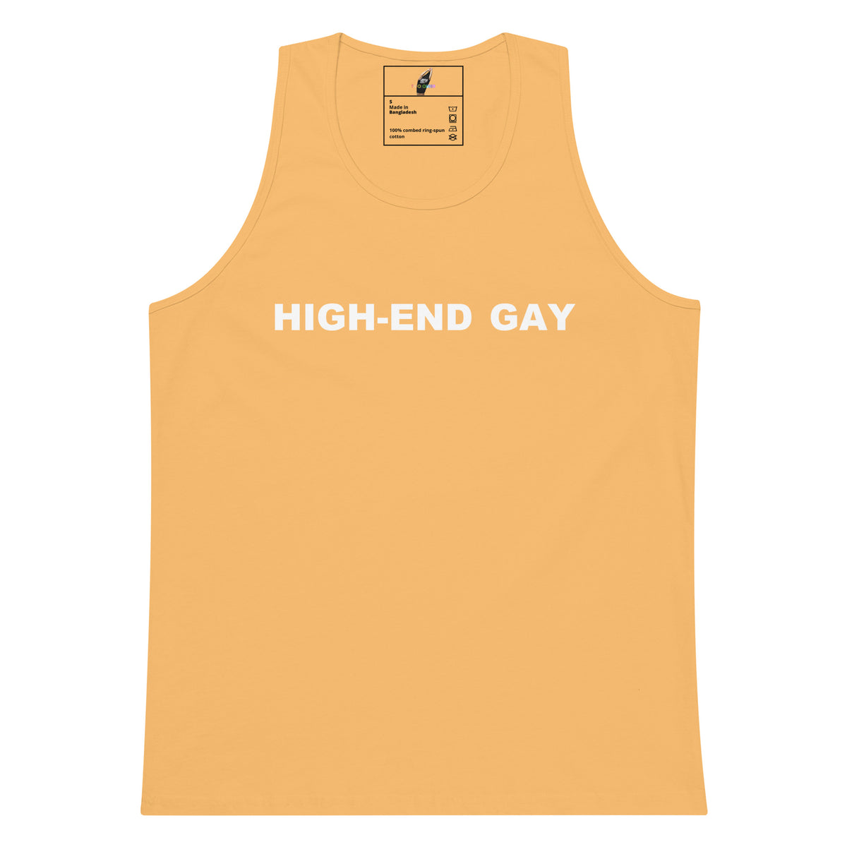 A light peach-colored tank top with the words 'HIGH-END GAY' printed in white across the chest, displayed flat against a solid white background.