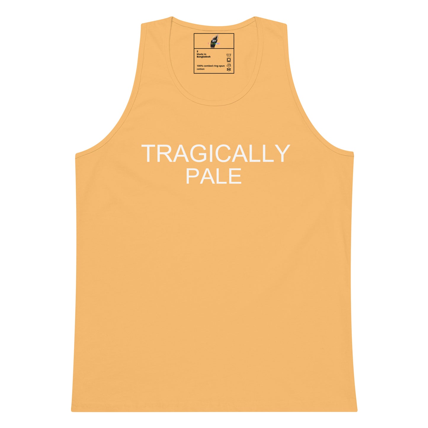 A light peach-colored tank top with 'TRAGICALLY PALE' printed in white across the chest, displayed flat against a solid white background.