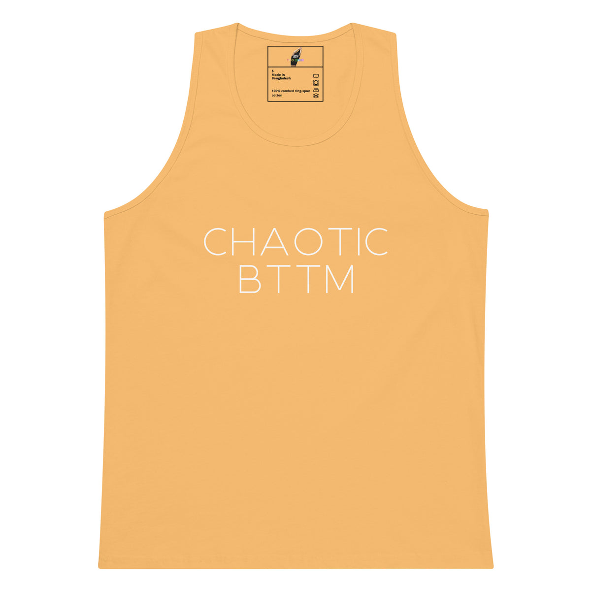 A light peach-colored tank top with 'CHAOTIC BTTM' printed in white sans-serif text across the chest, displayed flat against a solid white background.