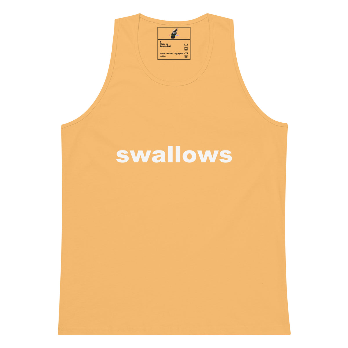 A light peach-colored tank top with the word 'swallows' printed in white lowercase letters across the chest, displayed flat against a solid white background.