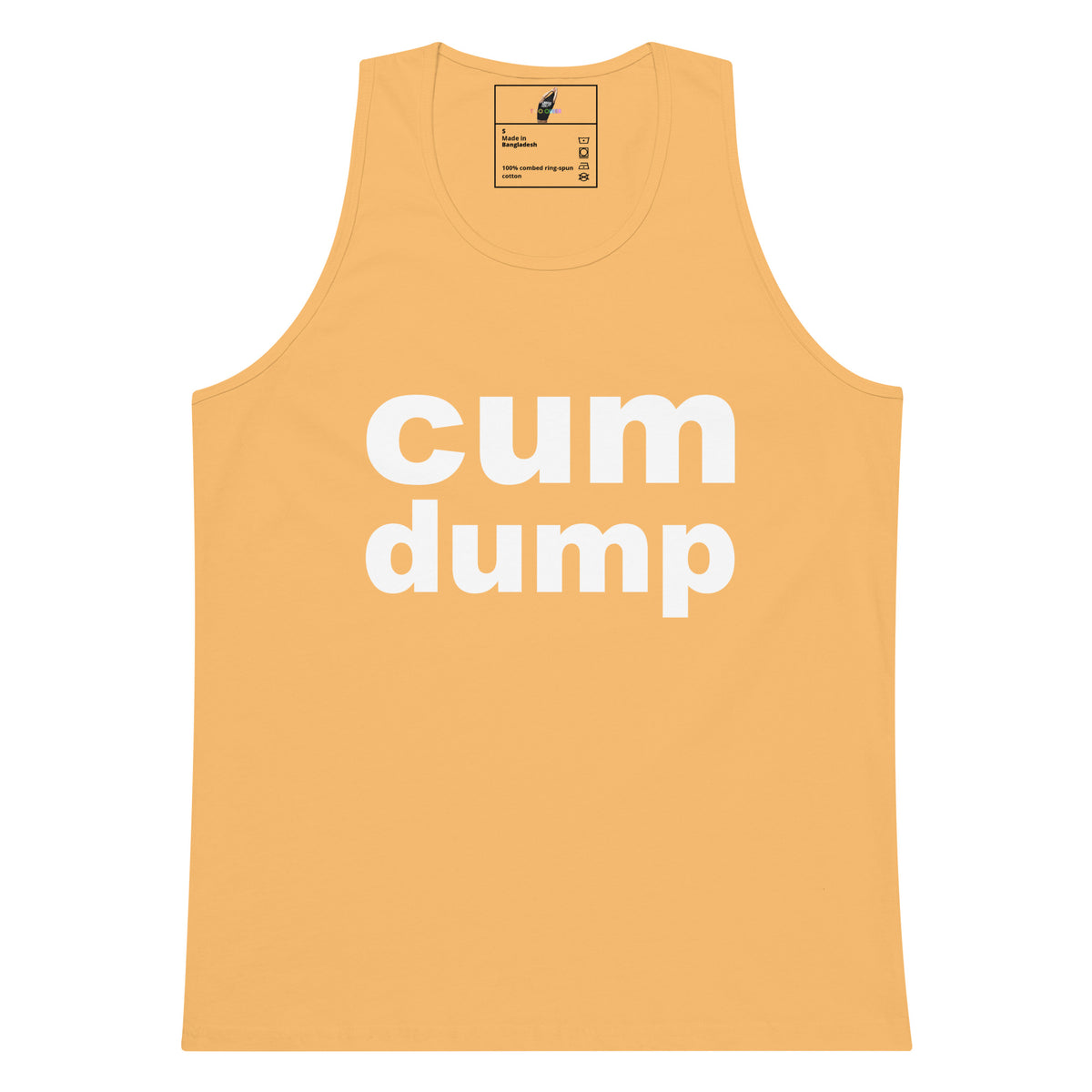 A light peach-colored tank top with the words 'cum dump' printed in bold white lowercase letters across the chest, displayed flat against a solid white background.