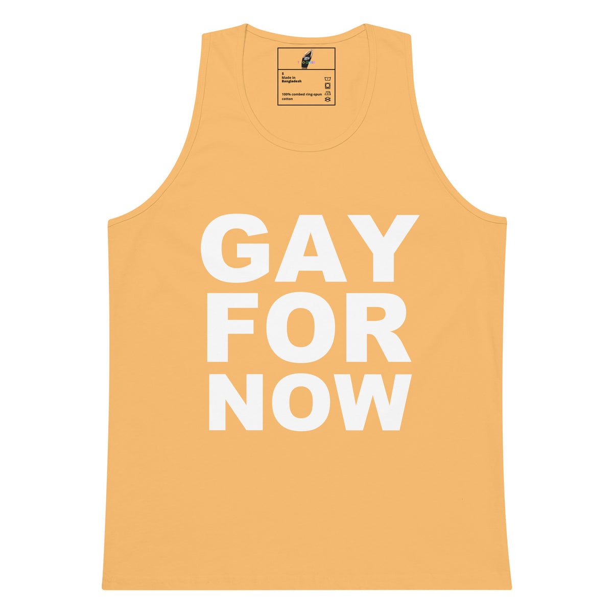 A yellow-orange tank top with the words 'GAY FOR NOW' printed in large white block letters on the front, shown against a plain white background.