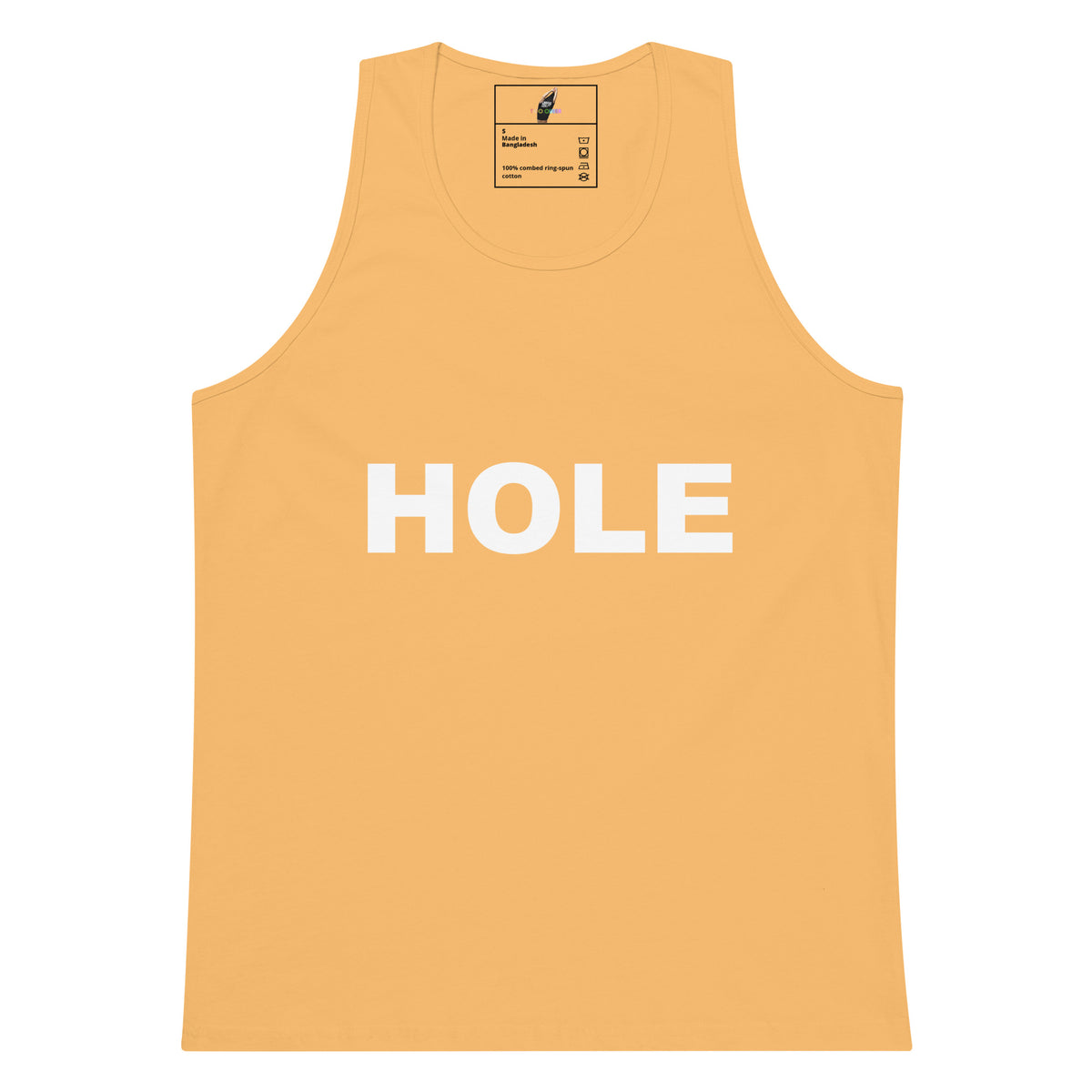 A light peach-colored tank top with the word 'HOLE' printed in bold white capital letters across the chest, displayed flat against a solid white background.
