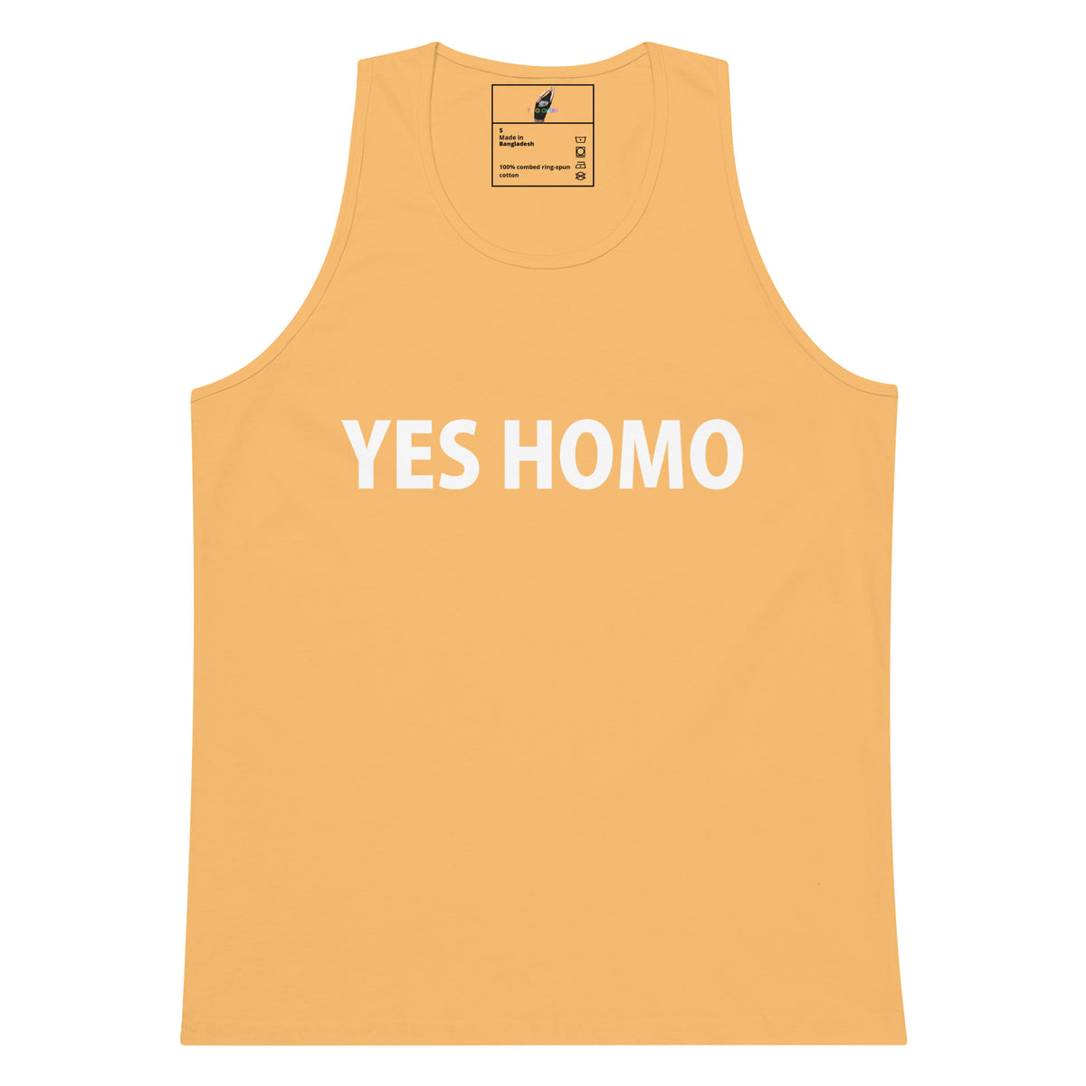 A light peach-colored tank top with the words 'YES HOMO' printed in bold white capital letters across the chest, displayed flat against a solid white background.