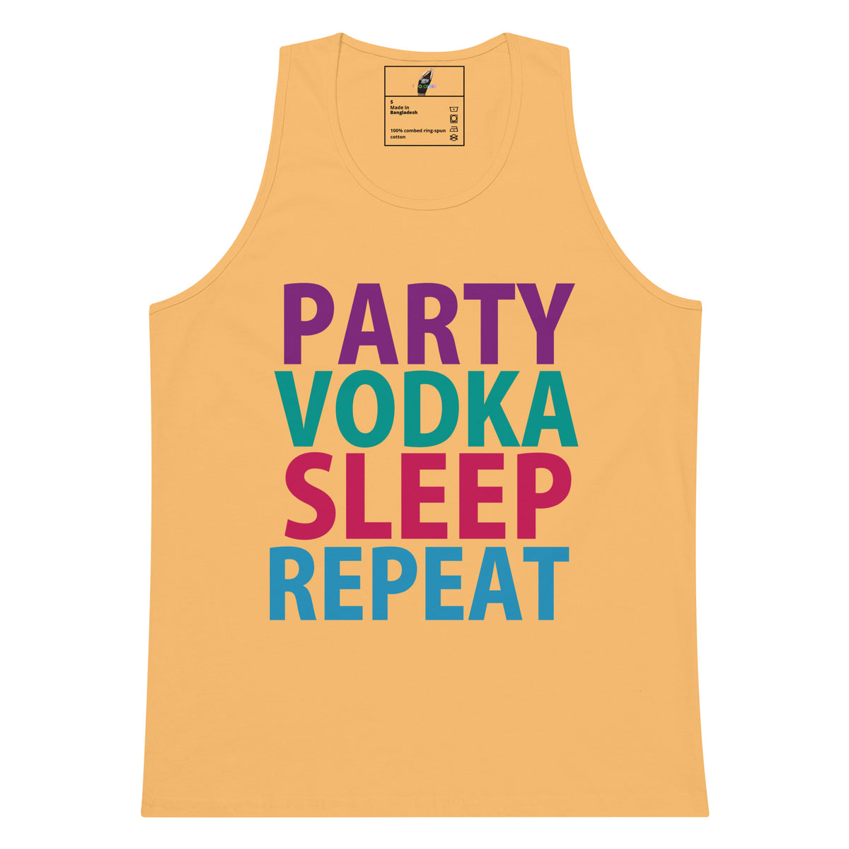 A yellow-orange tank top with the phrase 'PARTY VODKA SLEEP REPEAT' printed on the front in large, colorful block letters.