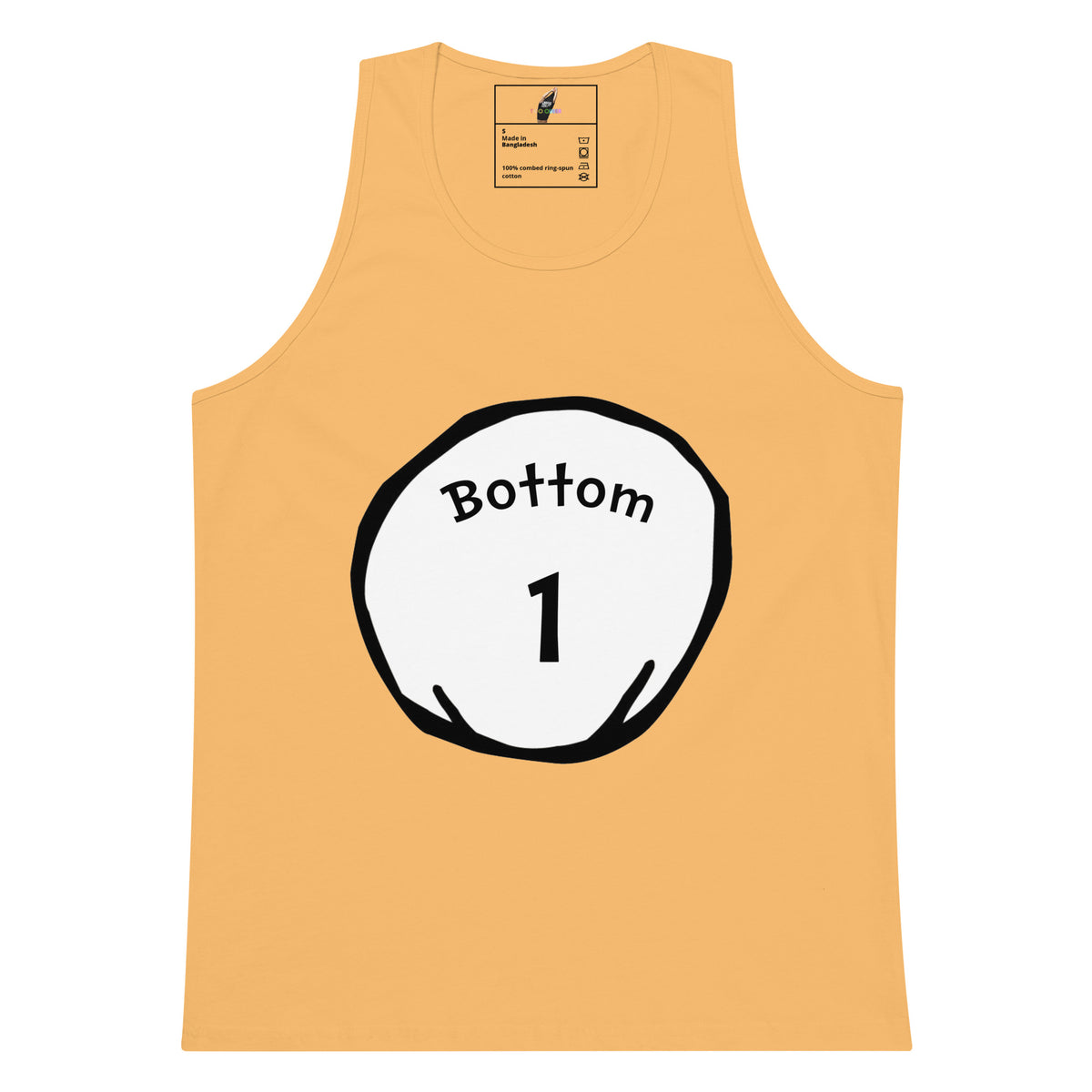 A light peach-colored tank top featuring a white circular graphic with a black outline and the text 'Bottom 1' printed on the front.