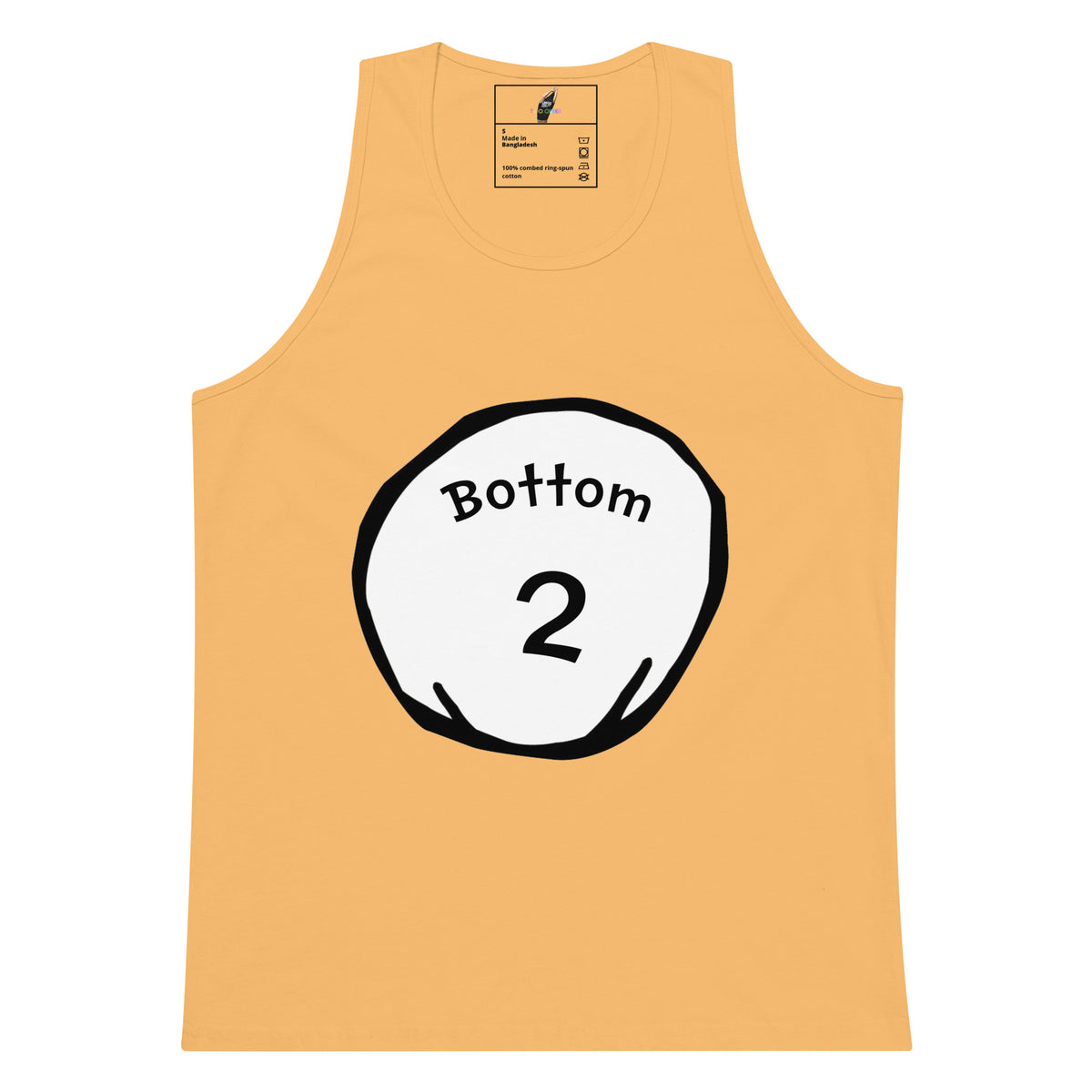 A light peach-colored tank top featuring a white circular graphic with a black outline and the text 'Bottom 2' printed inside, displayed on a solid white background.