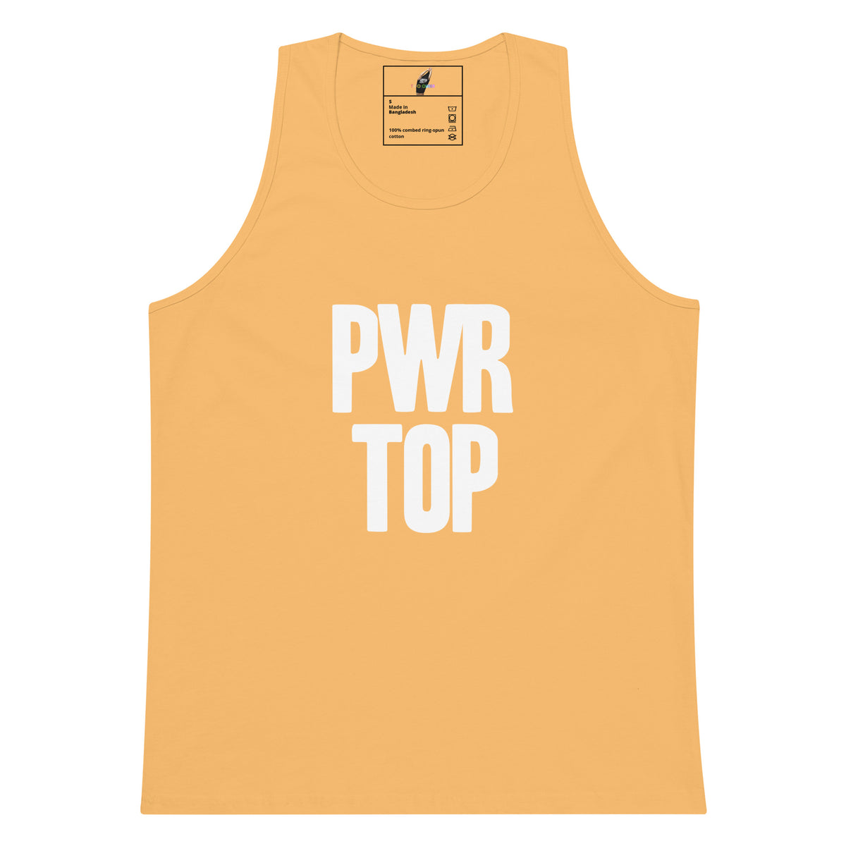 A light orange sleeveless tank top with 'PWR TOP' printed in bold white letters on the front, displayed against a solid white background.
